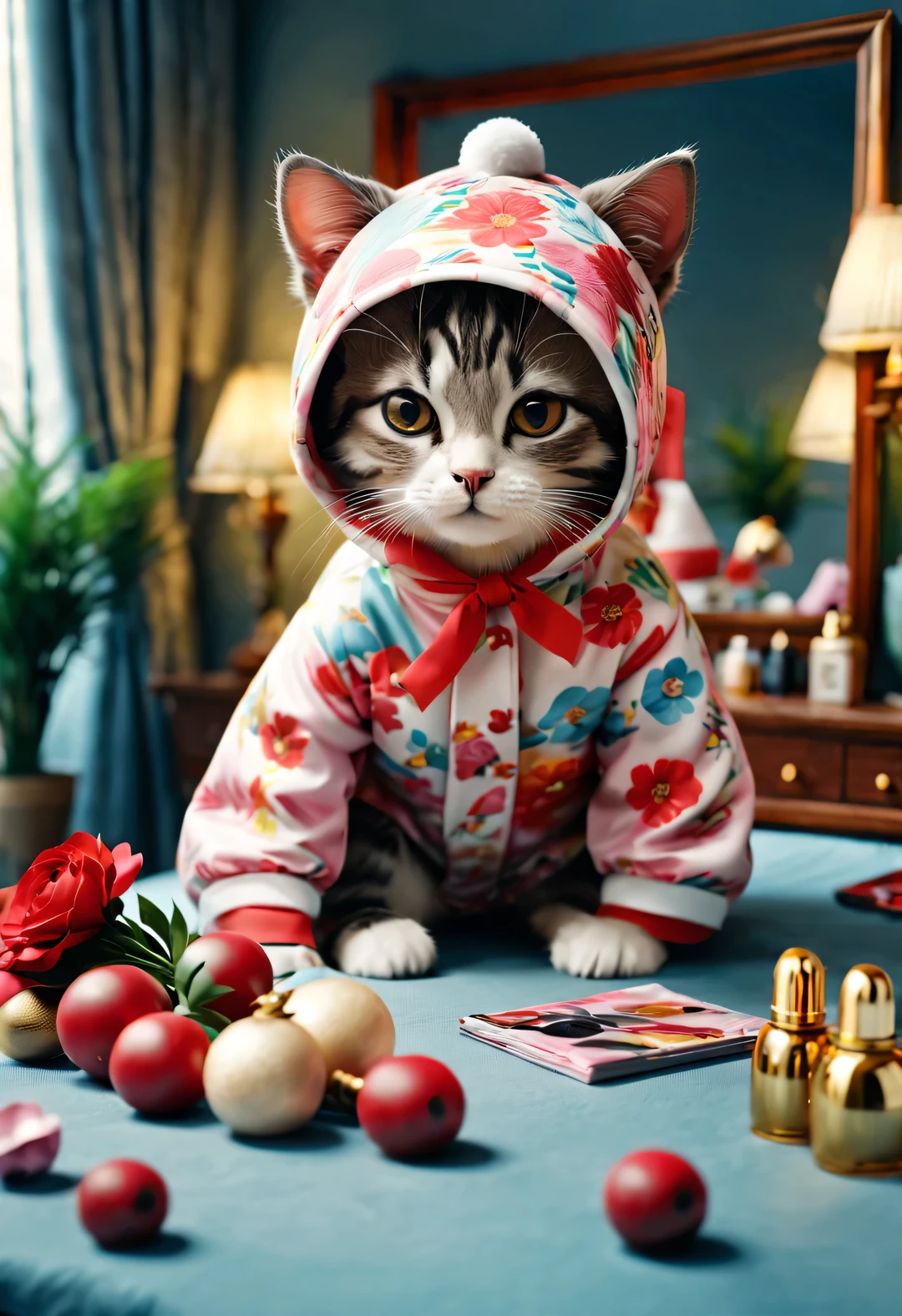 With folk art style,
(一支可爱的小猫咪正在涂lipstick),Kitten wearing nightcap,Wearing hip-hop style pajamas,Wearing an exaggerated nightcap,detailed details,beautiful details,lipstick,Makeup Pen,perfume,flowers,Magazine,
,Makeup in front of dressing table in bedroom 3D rendering, cartoon,illustration,Pixar,cartoon,ultra high definition, high quality,32k,