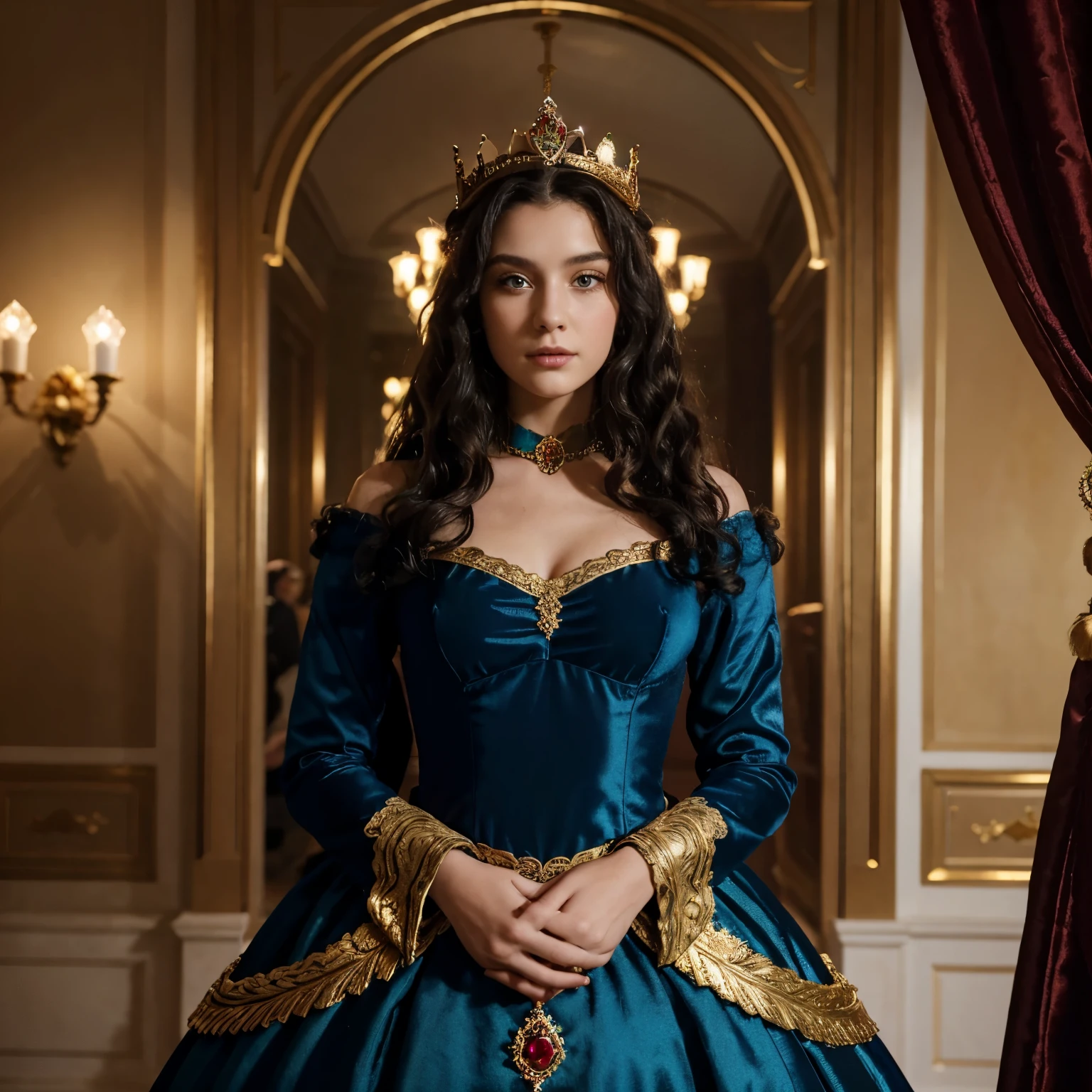 A middle age princess 20 years old wearing a gold crown with emeralds and rubies. Black curly hair, blue eyes. Dressed in red and blue rich clothes. Half body