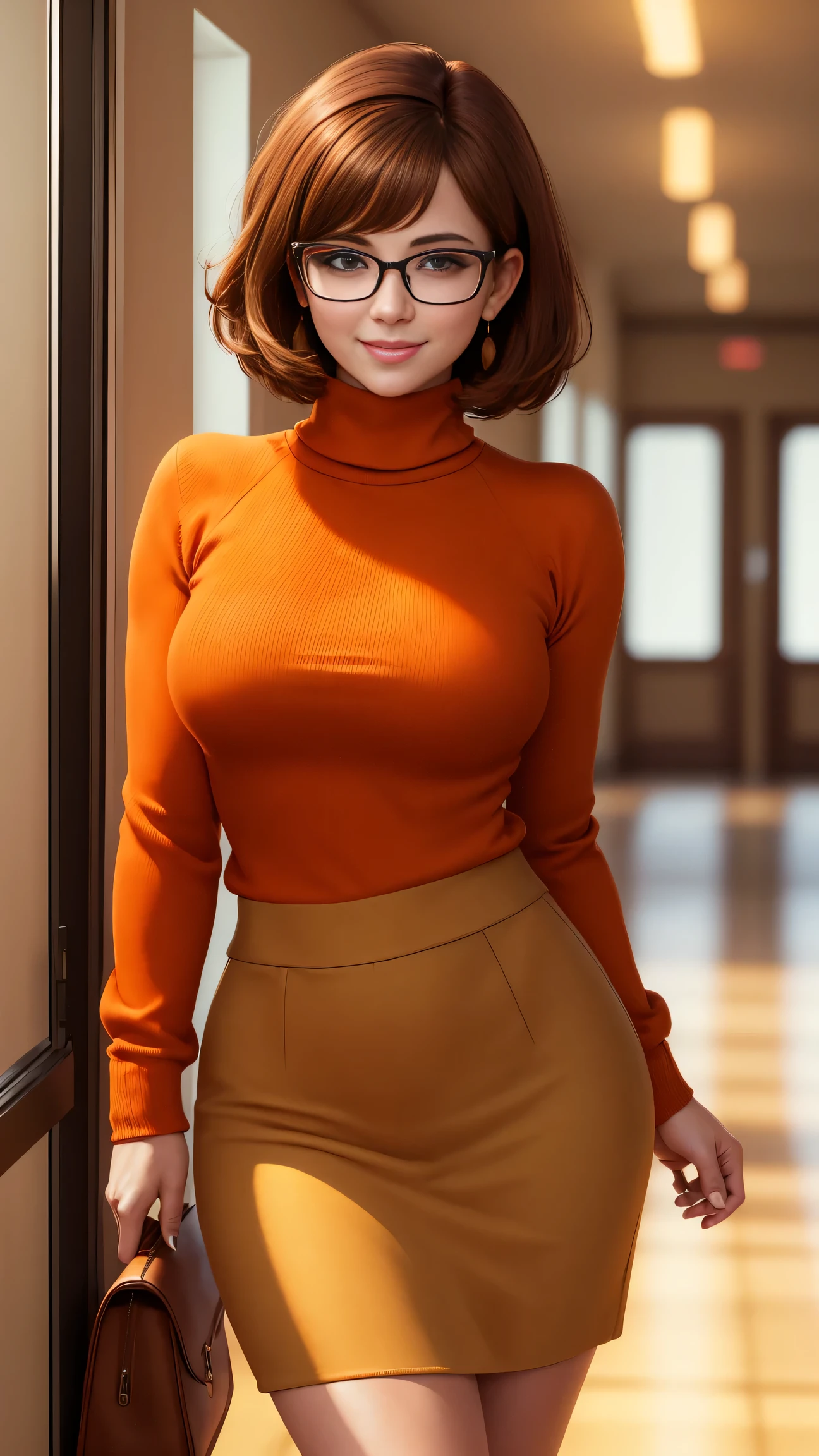 masterpiece, depth of field, photorealistic, absurdres, best quality, 8k, best quality, 1girl, female, young, portrait, perfect lighting, cinematic lighting, looking at viewer, velma dace dinkley, (perfect body), solo, blush, breasts, brown eyes, (dark brown hair:1.2), glasses, medium breasts, lips, looking at viewer, nose, orange shirt, (orange sweater:1.2), short hair, smile, sweater, (turtleneck:1.2), turtleneck sweater, red skirt, orange socks, (tight clothing), portrait, school, (day:1.2), school hallway, smile, depth of field, happy, magnificant glass