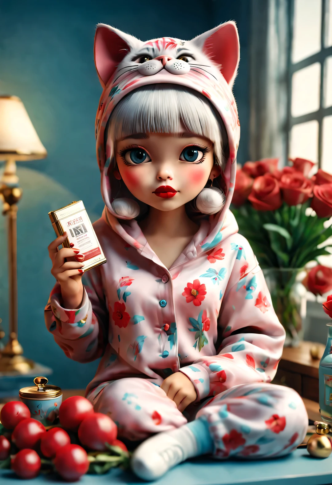 With folk art style,
 （一支可爱的小猫咪正在涂lipstick），Kitten wearing nightcap，Wearing hip-hop style pajamas，Wearing an exaggerated nightcap，detailed details，beautiful details，lipstick，Makeup Pen，perfume，flowers，Magazine，
，Makeup in front of dressing table in bedroom 3D rendering， cartoon，illustration，Pixar，cartoon，ultra high definition， high quality，32k，