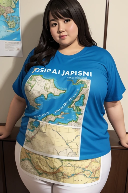 An obese woman wearing a T-shirt with a map of Japan printed on it.