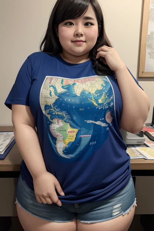 An obese woman wearing a T-shirt with a map of Japan printed on it.