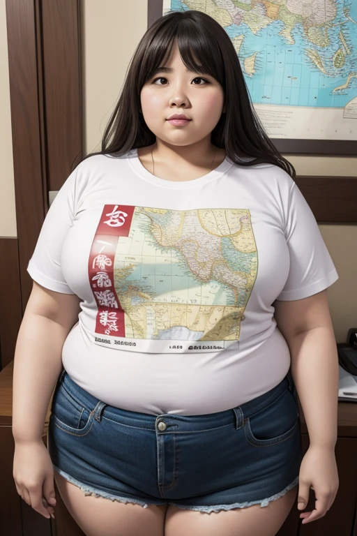 An obese woman wearing a T-shirt with a map of Japan printed on it.