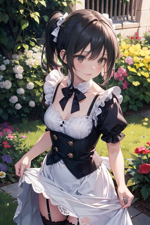 (masterpiece), 2 princesses,2 Fluttery maid outfit,Princess,sisters,black hair,small breasts,noble underwear, long skirt,back,Natural light, realistic, diffused light, Looking down from above,vapor, (lift skirt), (urination), Pigtails,lace stockings 1,Luxury Long Dress,embarrassing red face,,in front of the flower bed in the garden,Silk Fabric,