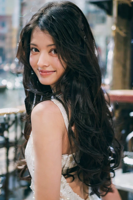 black hair long hair smile