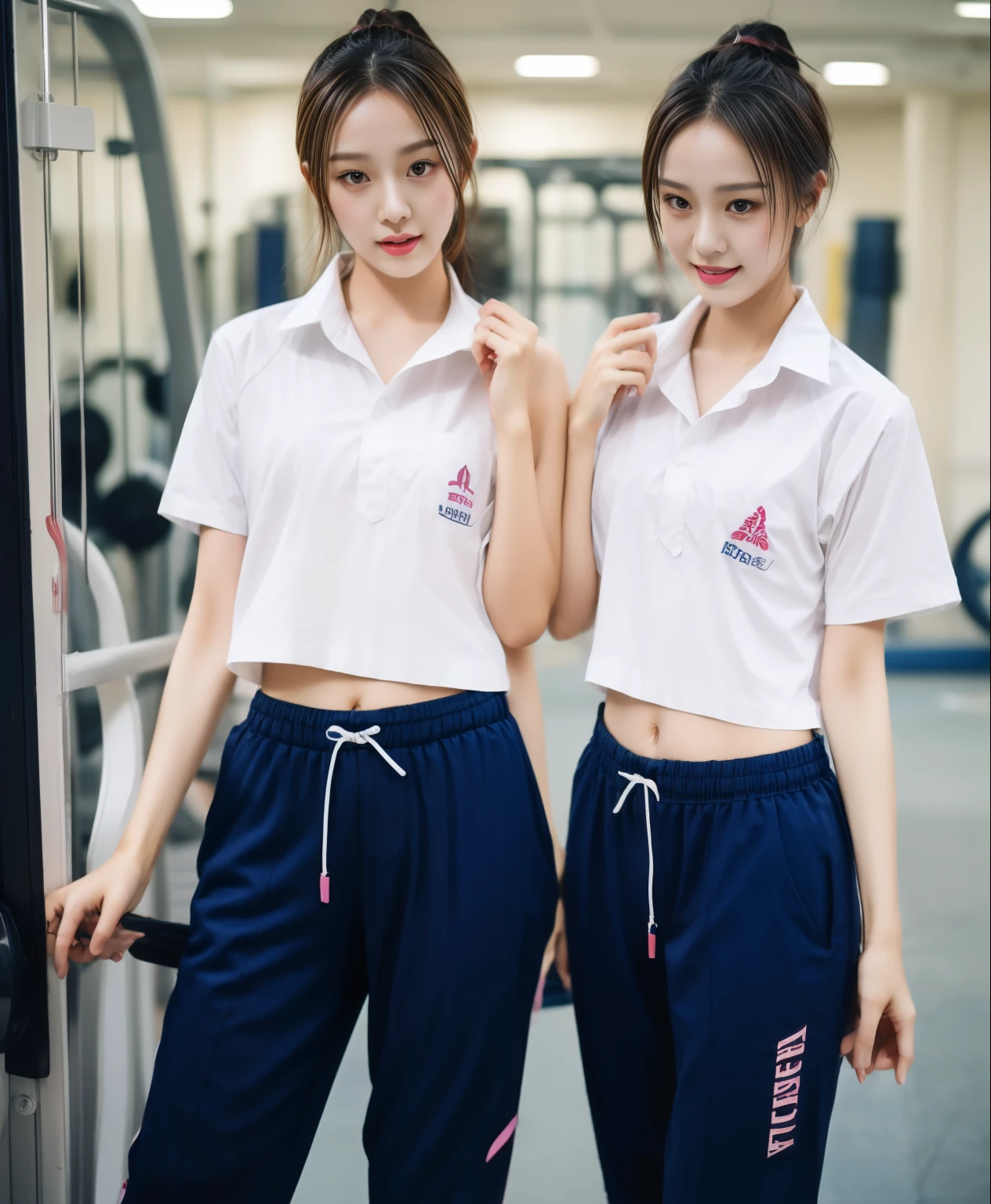 Two girls playing badminton in the gym, Navy blue short-sleeved shirt,Navy Long Trackpant,Sweatpants, Sweatpantsขายาว,25 year old girl, lesbian, sexy, exercise clothes, wet body, Gym Wear