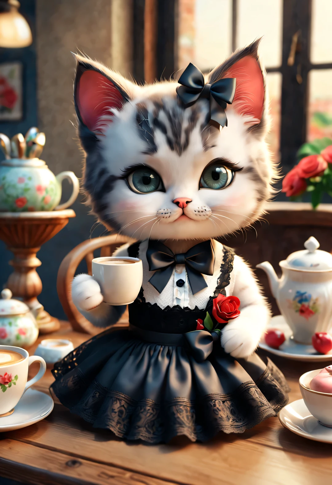 With folk art style,
(A cute kitten is drinking coffee),kitten wearing bow,Wearing a black lace dress,detailed details,beautiful details,lipstick,Makeup Pen,perfume,flowers,Magazine,
coffee shop,
3d rendering, cartoon,illustration,Pixar,cartoon,ultra high definition, high quality,32k,