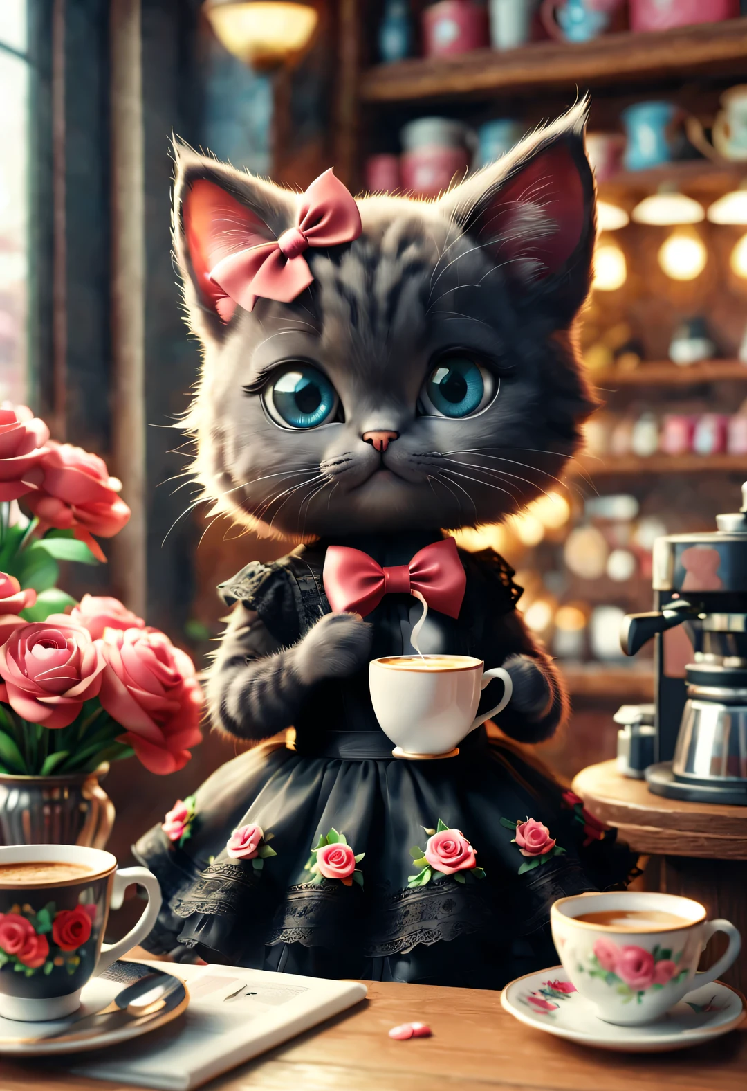 With folk art style,
(A cute kitten is drinking coffee),kitten wearing bow,Wearing a black lace dress,detailed details,beautiful details,lipstick,Makeup Pen,perfume,flowers,Magazine,
coffee shop,
3d rendering, cartoon,illustration,Pixar,cartoon,ultra high definition, high quality,32k,