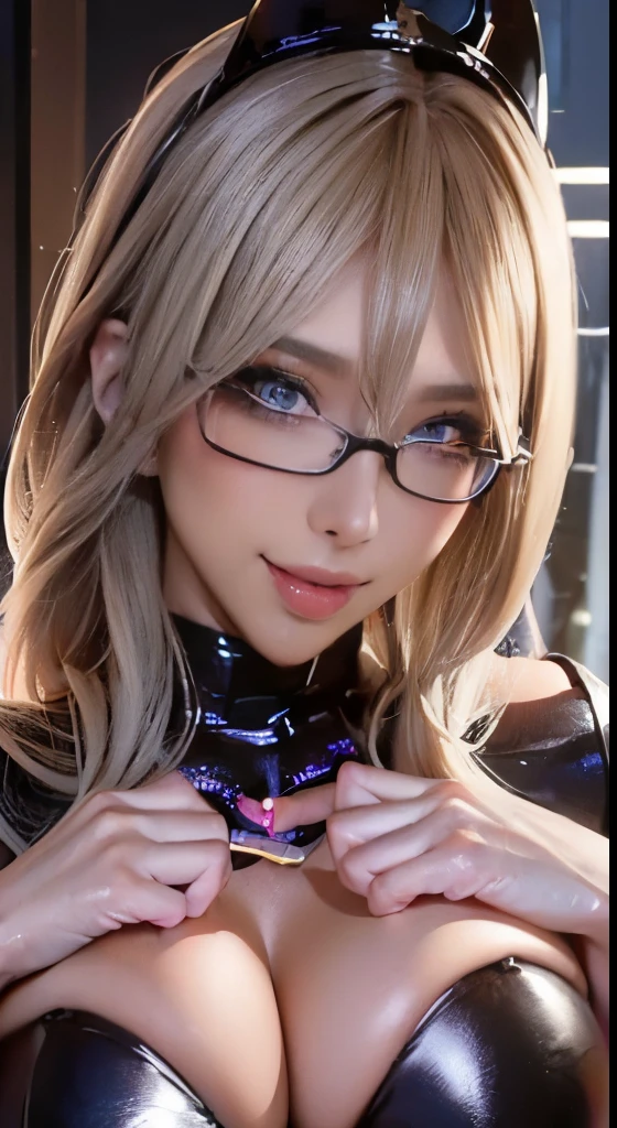 (Dark-skinned blonde erotic gal:1.25),random hair color、((cum on chest)),((cum in mouth)),(look at the camera),(glare:1.4),(evil smile:1.35)、(compensate),(mascara)、(eye shadow)、(false eyelashes),1 Medium-breasted,Random Accessories、(Glasses)