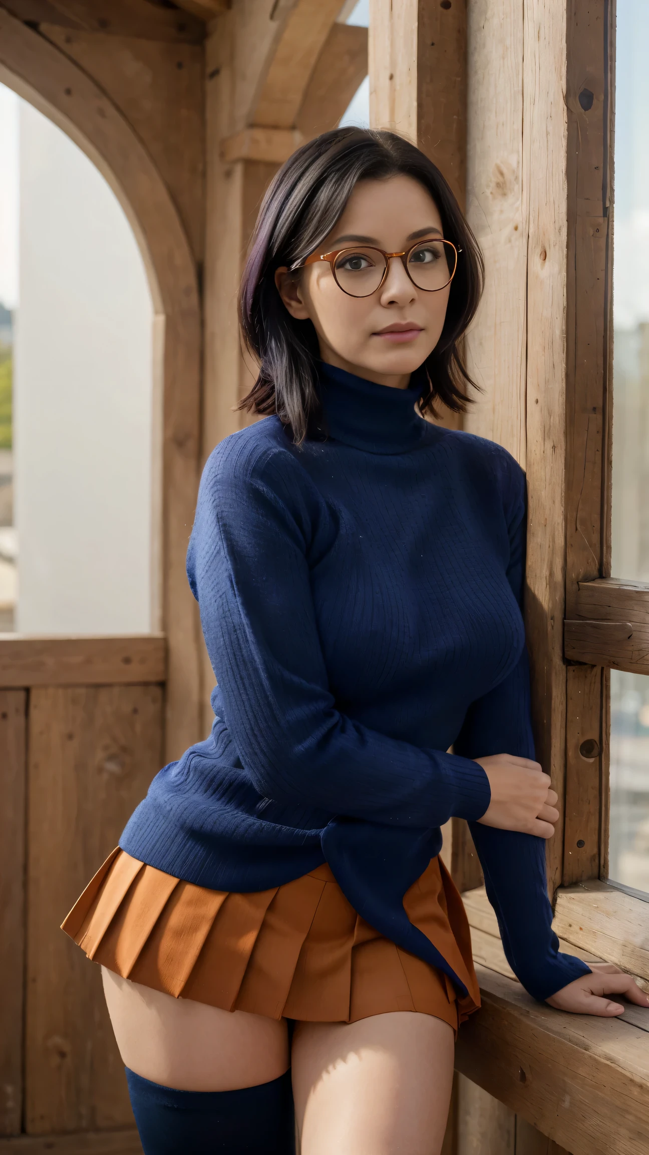 (Masterpiece:1.2), (Best quality), (Ultra detailded), (8k, 4K, complexe),(Tir complet:1), (highly detailed:1.2),(Detailed face:1.2), (detailed background),detailed scenery, ((portrait)), (pose dynamique:1.2) Velma, Milf, obrse, énormes grands seins, seulement, Regarder le spectateur, Cheveux courts, jupe, dark blue hair, yeux violets, collants, pleated skirt, lunettes, chandail, turtleneck, ribbed sweater, turtleneck sweater, chemise orange, Pull orange,Haut du corps,frange