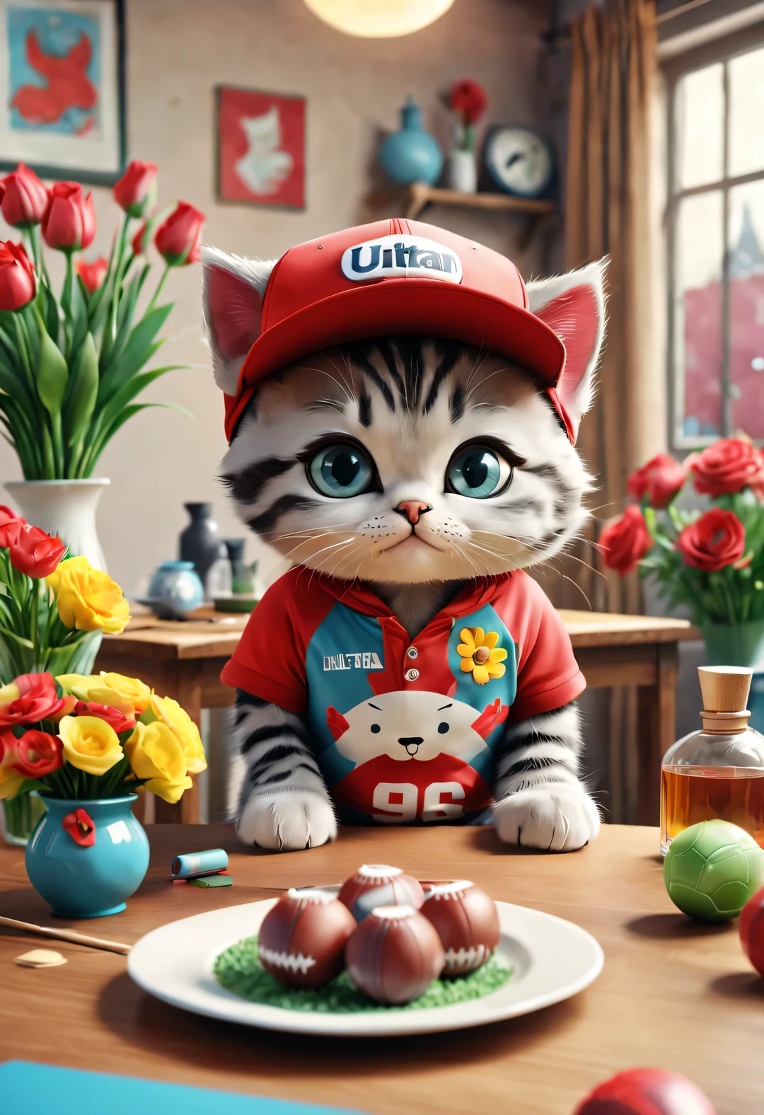 With folk art style,
 （A cute kitten is watching a football match），Kitten sports have，Wearing hip-hop style sportswear，detailed details，beautiful details，lipstick，Makeup Pen，perfume，flowers，Magazine，
background：3D rendering of dining table， cartoon，illustration，Pixar，cartoon，ultra high definition， high quality，32k，