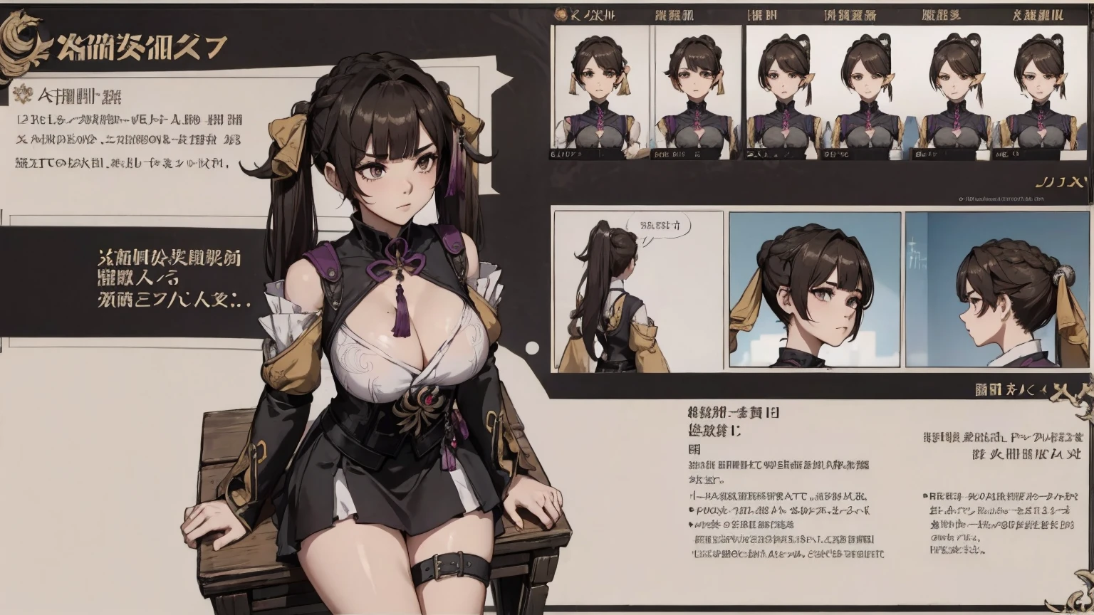 girl, solo, full body, from head to toe, sitting on the chair, (Huge_Breasts:1.3), 

1woman, reference sheet, Character Design Sheet, character reference sheet, character turn around, character sheet, front, back, sides, left, right, up, down, under,

sushang, dress, twin tail hair, twin tail, brown hair, cleavage, short skirt, sexy pose, pose, sexy