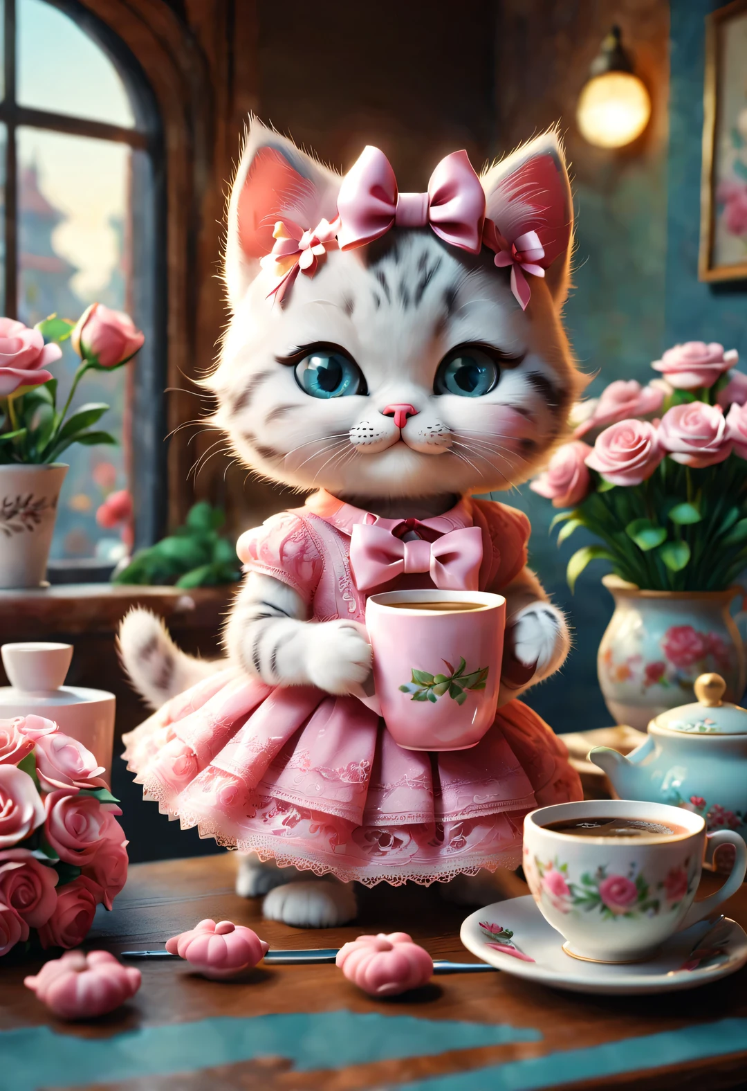 With folk art style,
 （A cute kitten is drinking coffee），kitten wearing bow，Wearing a pink lace skirt，detailed details，beautiful details，lipstick，Makeup Pen，perfume，flowers，Magazine，
coffee shop，
3d rendering， cartoon，illustration，Pixar，cartoon，ultra high definition， high quality，32k，