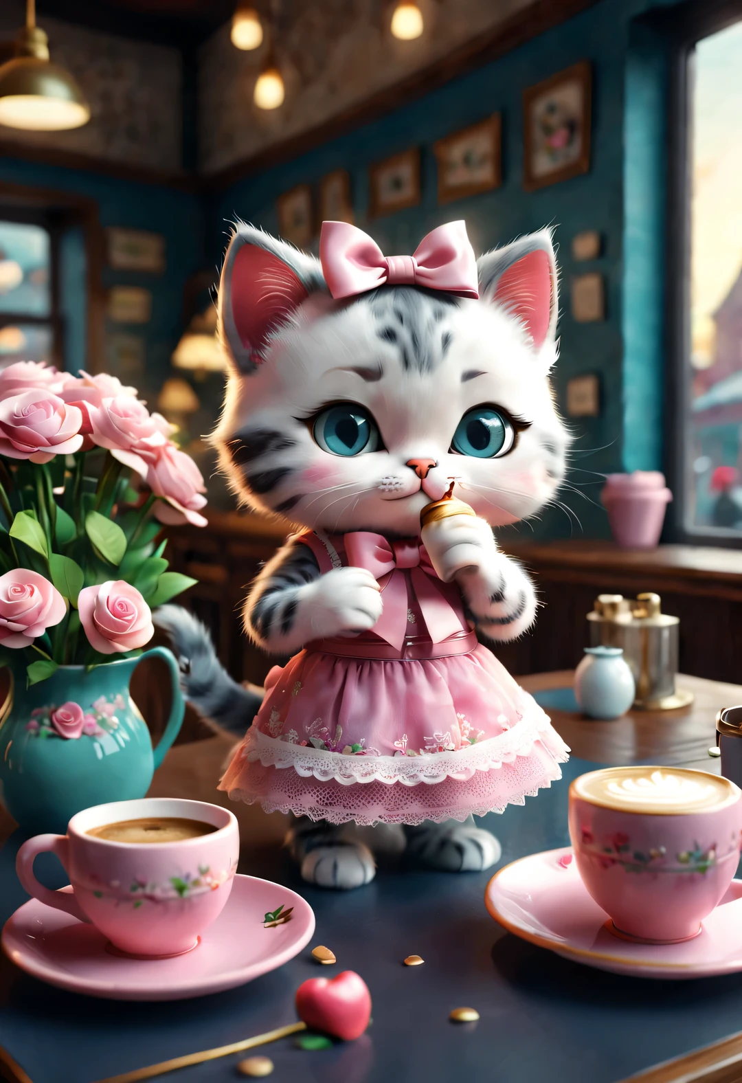 With folk art style,
 （A cute kitten is drinking coffee in a cafe），kitten wearing bow，Wearing a pink lace skirt，detailed details，beautiful details，lipstick，Makeup Pen，perfume，flowers，Magazine，
，
3d rendering， cartoon，illustration，Pixar，cartoon，ultra high definition， high quality，32k，