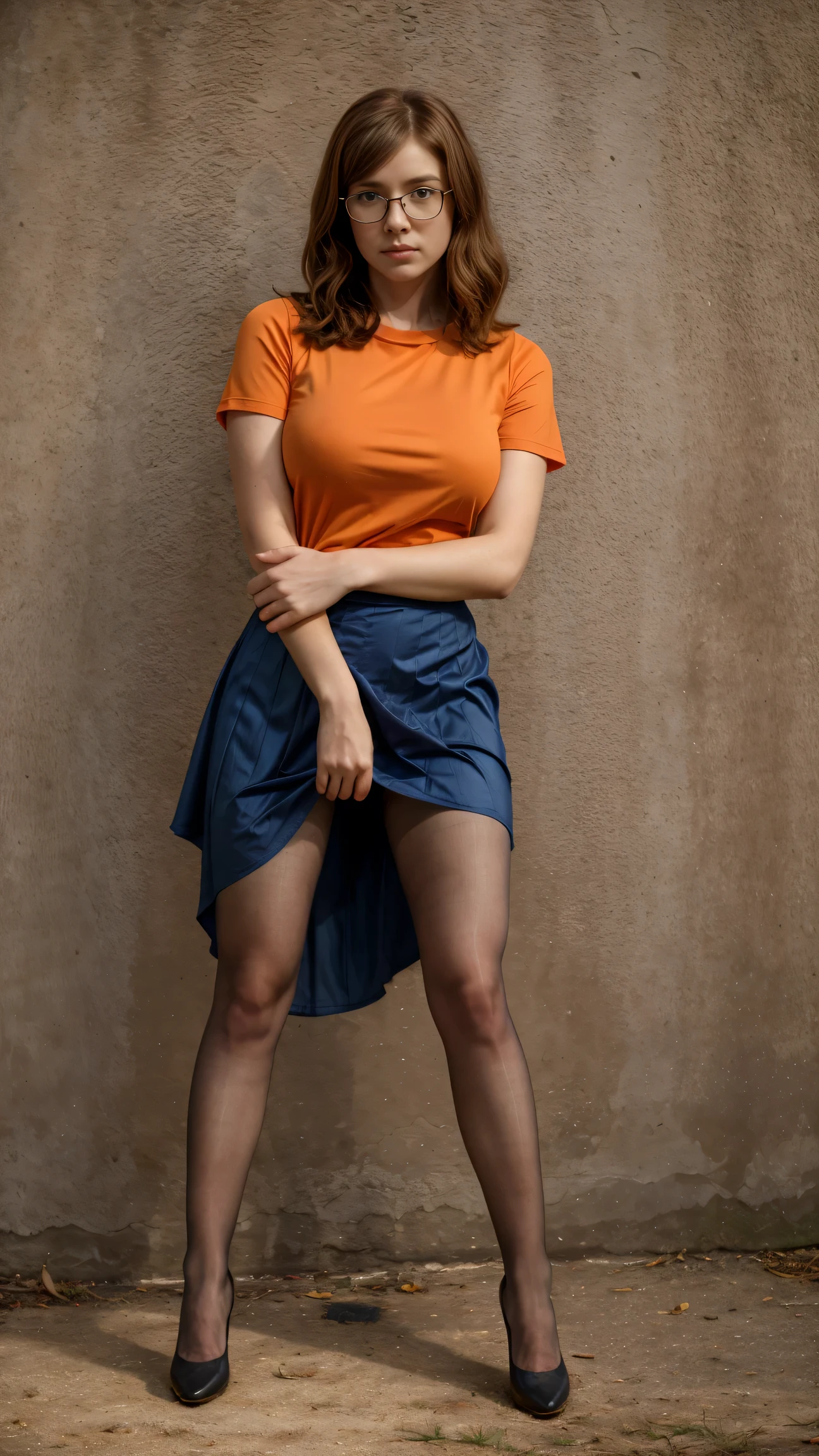 Full body view, feet in view, Velma Dinkley, solo, stripper, brown hair, dark blue eyes, detailed face, orange shirt, short red skirt, orange pantyhose, no shoes, huge breasts
([Julianne Hough|Megan Fox|Christina Hendricks]:0.8), (puffy lips :0.9),
masterpiece, professional, high quality, beautiful, amazing, gothic, Getty Images, miko, giant,
photoshoot, 4k, realistic, detailed background, abhorrent, real life, by Walter Beach Humphrey, by Pierre Bonnard,