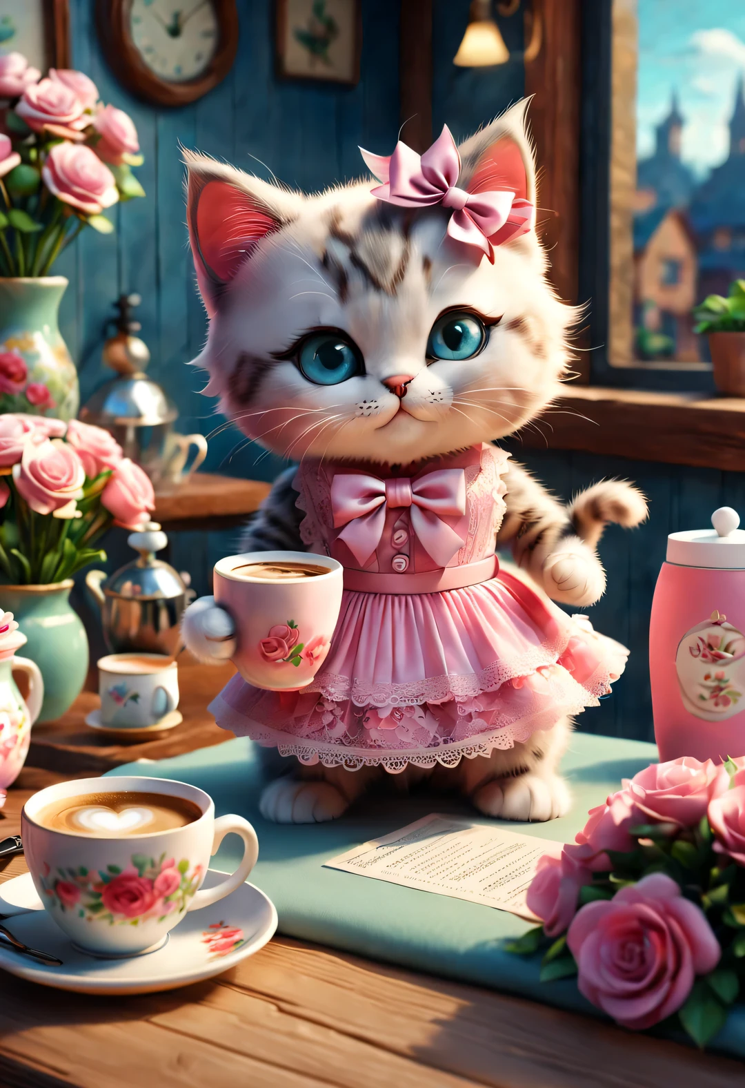 With folk art style,
 （A cute kitten is drinking coffee），kitten wearing bow，Wearing a pink lace skirt，detailed details，beautiful details，lipstick，Makeup Pen，perfume，flowers，Magazine，
coffee shop，
3d rendering， cartoon，illustration，Pixar，cartoon，ultra high definition， high quality，32k，