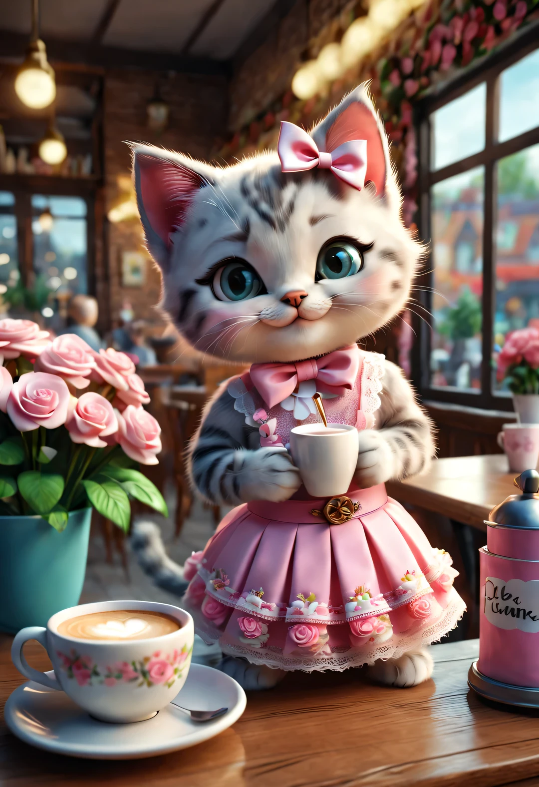 With folk art style,
 （A cute kitten smiling and drinking coffee in a cafe），kitten wearing bow，Wearing a pink lace skirt，detailed details，beautiful details，lipstick，Makeup Pen，perfume，flowers，Magazine，
，
3d rendering， cartoon，illustration，Pixar，cartoon，ultra high definition， high quality，32k，