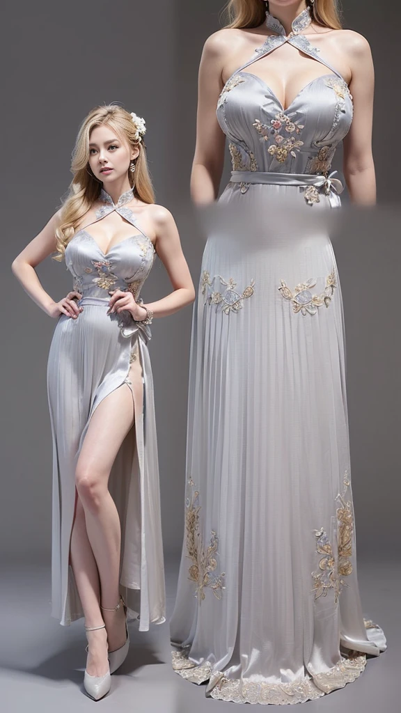 Masterpiece, 1 Girl, Beautiful Face ((((A Chinese-inspired dress featuring lace elements at the neckline and cuffs, a traditional moire pattern, details including pleats, embroidery and beads. The fabric is silk and crepe))),(((long light grey dress))), ((with bows or flowers at the waist or neckline)),(Full Body:1.5),(cute face:1.3),(huge breasts:1.3),(long blonde hair:1.3)