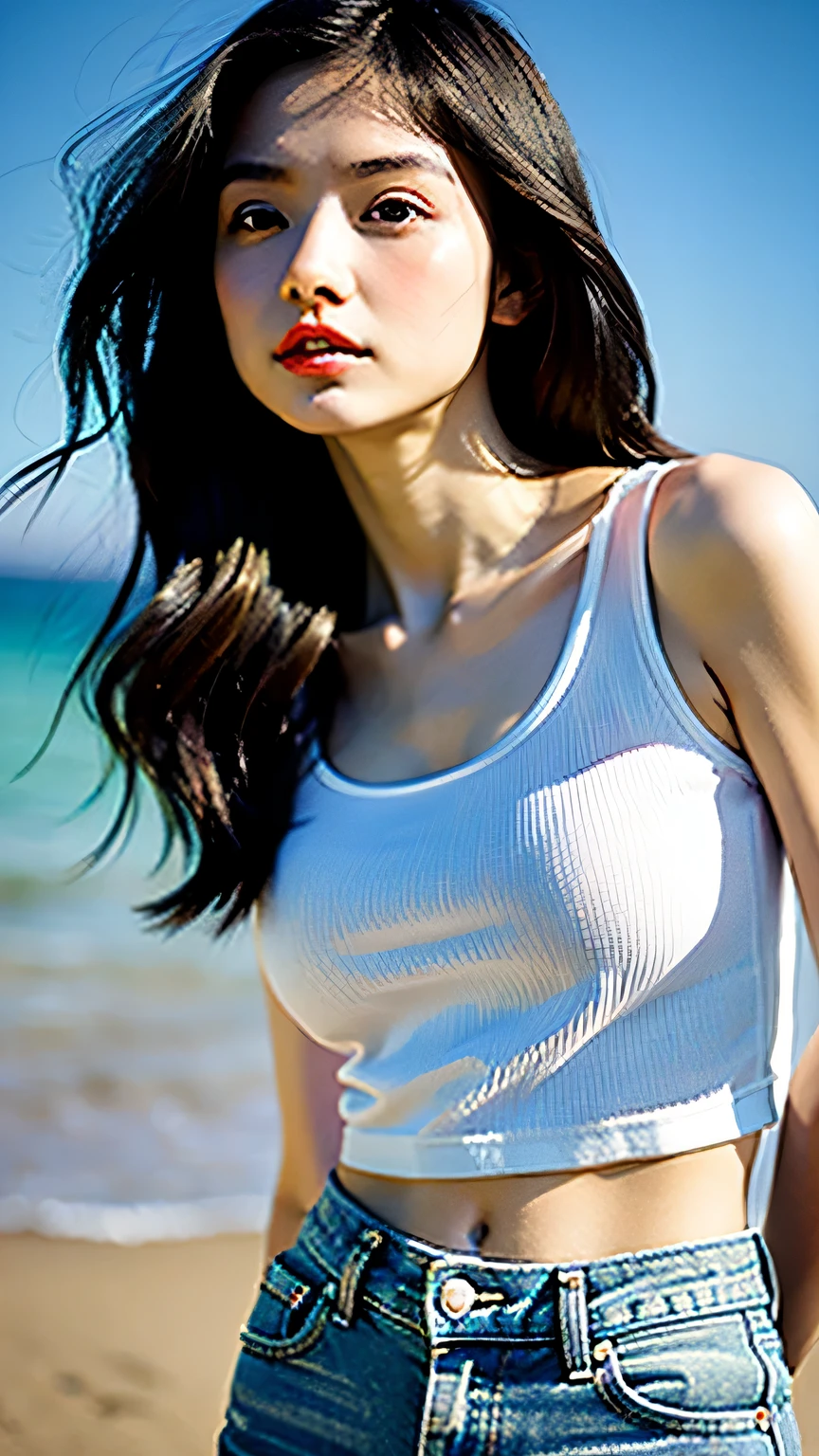 beautiful女子大生、my Imada, masterpiece, light makeup, red lips, black hair, messy long hair, beach, beautiful, grace. super fine details, work, authentic texture, Realistic movie lighting, perfect work, 8K, HD, exquisite features, white skinny shirt, denim shorts, slim body shape, big and bright eyes, whole body