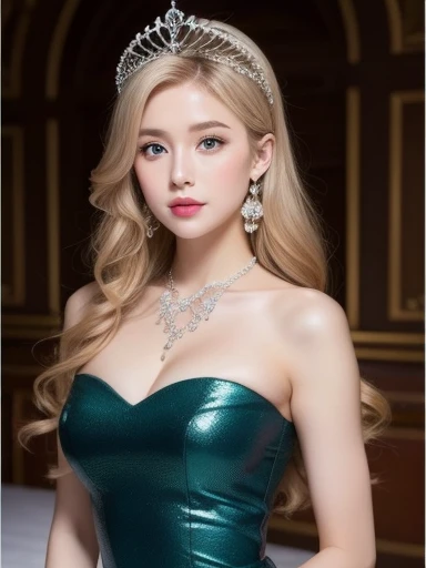 A woman of beauty in a fantastic space, 98k, {{Masterpiece}}, Best quality, High quality:1.4)，{{[[front look}}, eye_contact, a variety of poses)]], very pretty look face, and very pretty eyes, cute images, cute images, {{A half body}}, {{{{{{{{Long legs}}}}}}}}, {{{{slim sexy body}}}}, {{{{{{Tall woman}}}}}}, {{177 cm tall}}, Solo, Beautiful, Lovely, Adorable, Pale skin, look beautiful German girl and blue eyes or green eyes with platinum golden hair color), Nordic German young girl, {{{{{{{{{{half girl}}}}}}}}}}, {{{{{{{{{{High_Heels}}}}}}}}}}, Wavy hair, strapless Cinderella dress, earrings, princess, cleavages, necklace, large breasts, large lips, makeup, blush, castle hall, thick black eyebrows, tiara, flowers