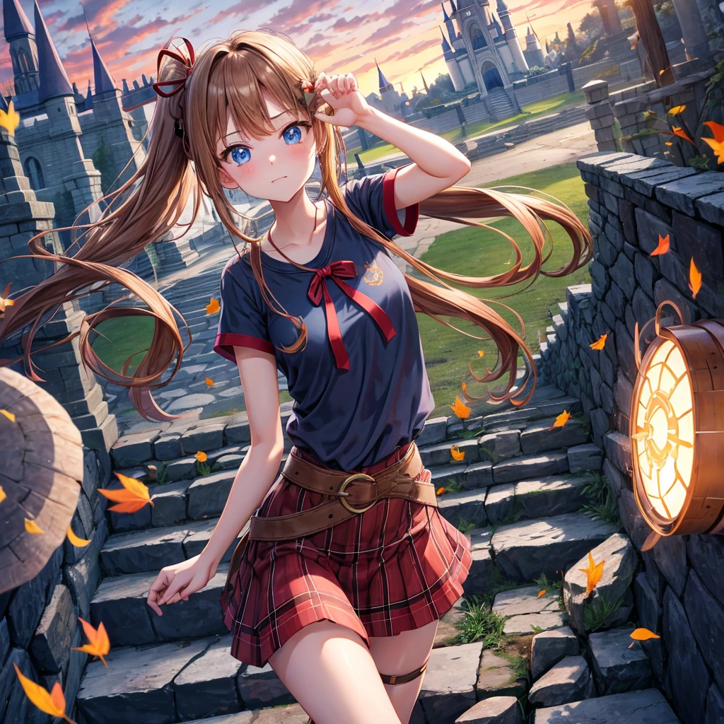 reddish-brown blonde、blue hair、blue eyes、ponytail、one good looking girl、solo、anime、Plaid miniskirt、camisole、black t-shirt、Tilting your face、Doing the ribbon、Ribbon at waist、sunset sky、broken stone steps、Remains、tunnel、Fallen leaves、Light and shadow、monster castle、corridor、One leg is raised、pinwheel、castle floating in the air、column、Jewelry box、flag、sparks fall、forest、Hand mirror、bondage