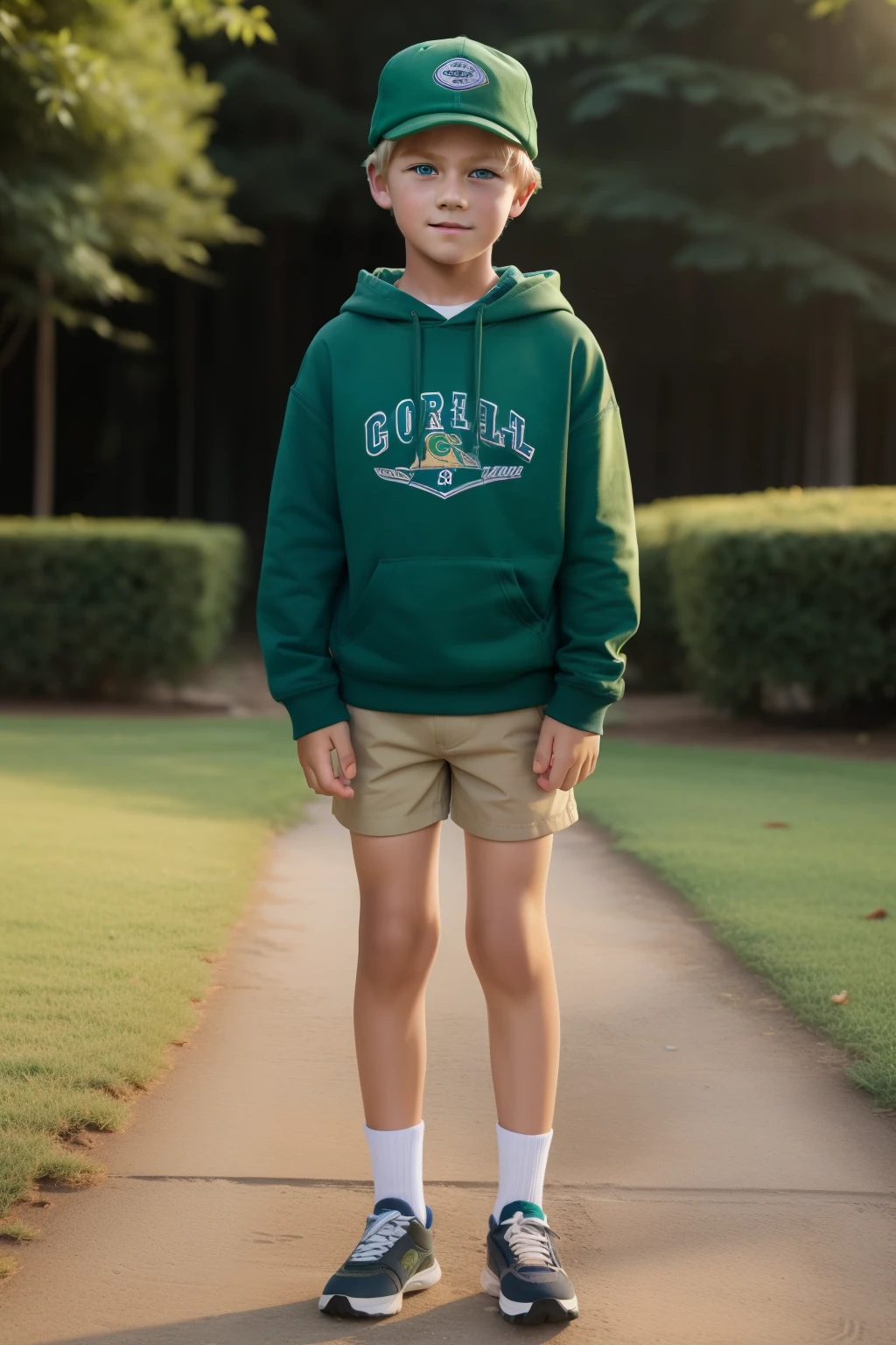 A 10-year-old boy in short shorts next to a rock white skin light brown hair blue eyes fine features handsome boy