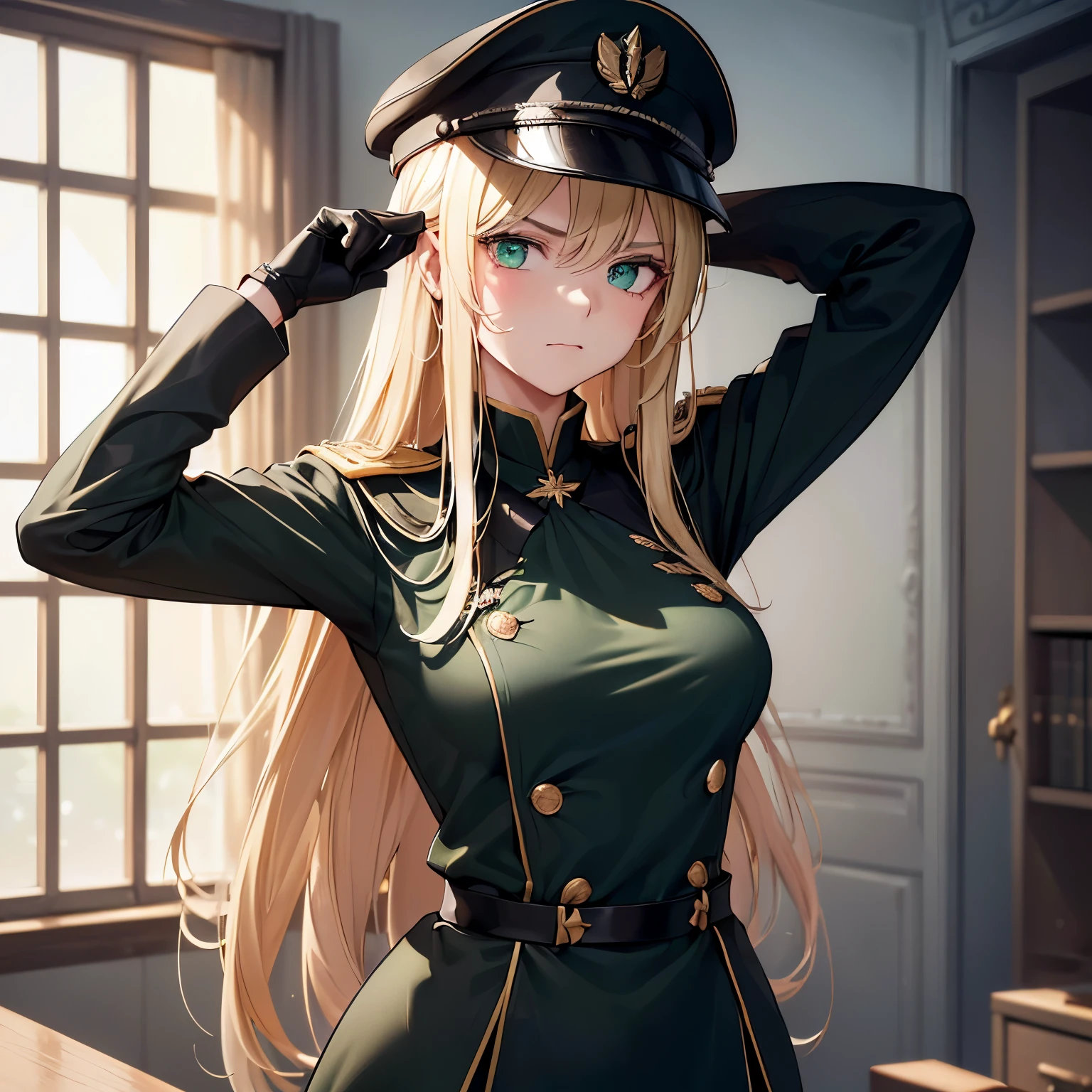 one tall girl, long blonde hair, emerald green eyes, black german war uniform, war cap, black gloves, frowning, disgusted expression, ультрадетализированный,(Реалистичный,photoРеалистичный,photo-Реалистичный:1.37), (Лучшее качество,4K,8К,Высокое разрешение,Шедевр:1.2)