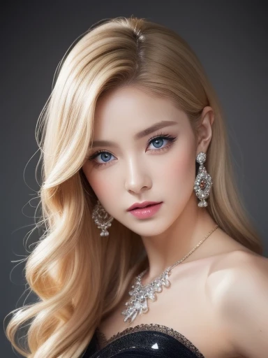 A woman of beauty in a fantastic space, 98k, {{Masterpiece}}, Best quality, High quality:1.4)，{{[[front look}}, eye_contact, a variety of poses)]], very pretty look face, and very pretty eyes, cute images, cute images, {{A half body}}, {{{{{{{{Long legs}}}}}}}}, {{{{slim sexy body}}}}, {{{{{{Tall woman}}}}}}, {{177 cm tall}}, Solo, Beautiful, Lovely, Adorable, Pale skin, look beautiful German girl and blue eyes or green eyes with platinum golden hair color), Nordic German young girl, {{{{{{{{{{half girl}}}}}}}}}}, {{{{{{{{{{High_Heels}}}}}}}}}}, Wavy hair, strapless Cinderella dress, earrings, princess, cleavages, necklace, large breasts, large lips, makeup, blush, castle hall, thick black eyebrows, tiara, flowers