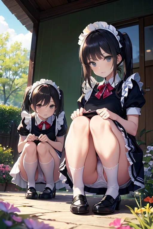 (masterpiece), Princess,2 Maid,Princess,sisters,black hair,small breasts,noble polka dot underwear, long skirt,sit,squat,Natural light, realistic, diffused light, look up from below,vapor, (lift skirt), (urination), Pigtails,lace stockings 1,Luxury Long Dress,embarrassing red face,,Weeding in front of the flower bed in the garden,satin fabric,,