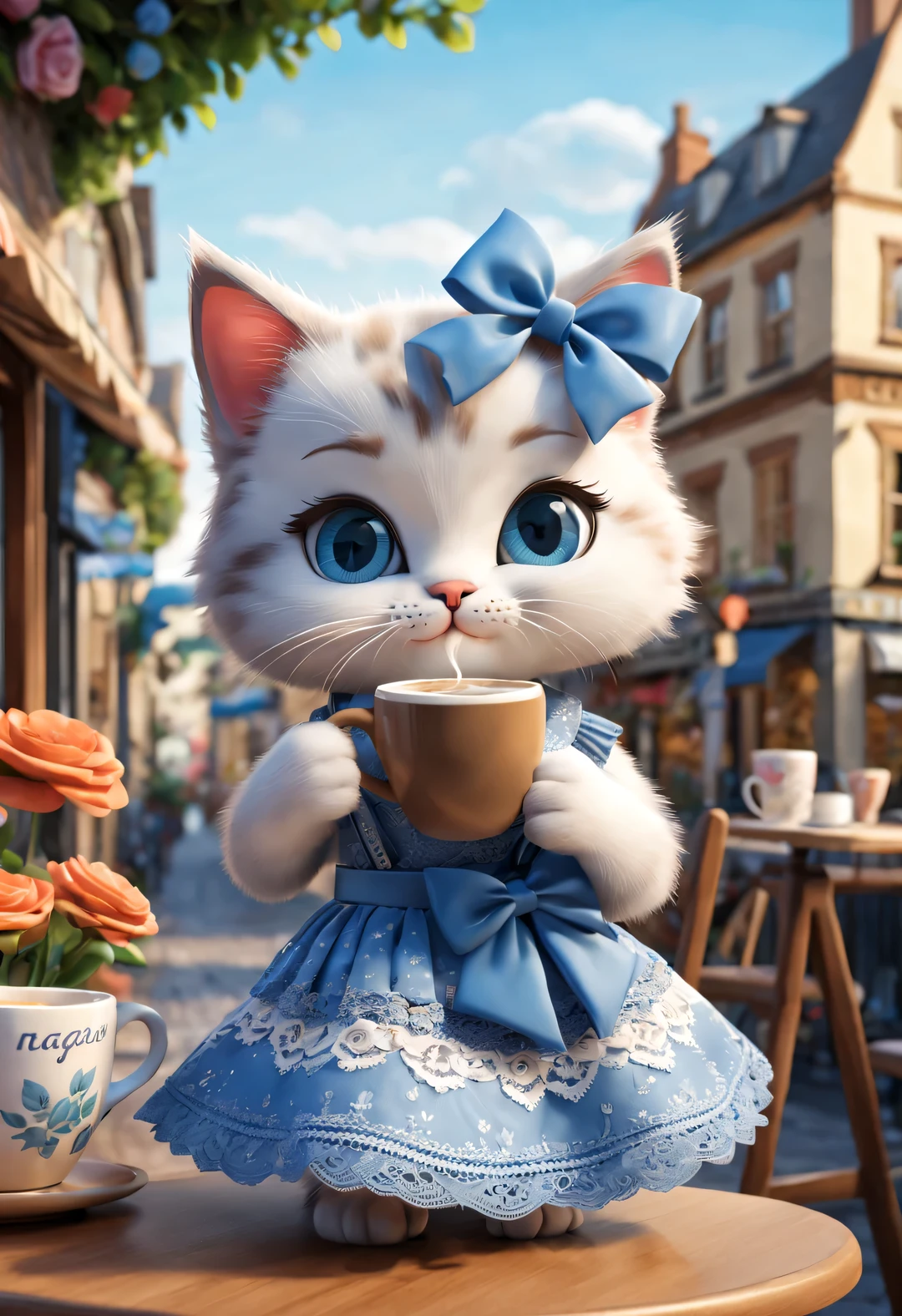 With folk art style,
(A cute kitten is drinking coffee in a cafe),kitten wearing bow,Wearing a blue lace skirt,detailed details,beautiful details,urban cafe,flowers,Magazine,
,
3d rendering, cartoon,illustration,Pixar,cartoon,ultra high definition, high quality,32k,