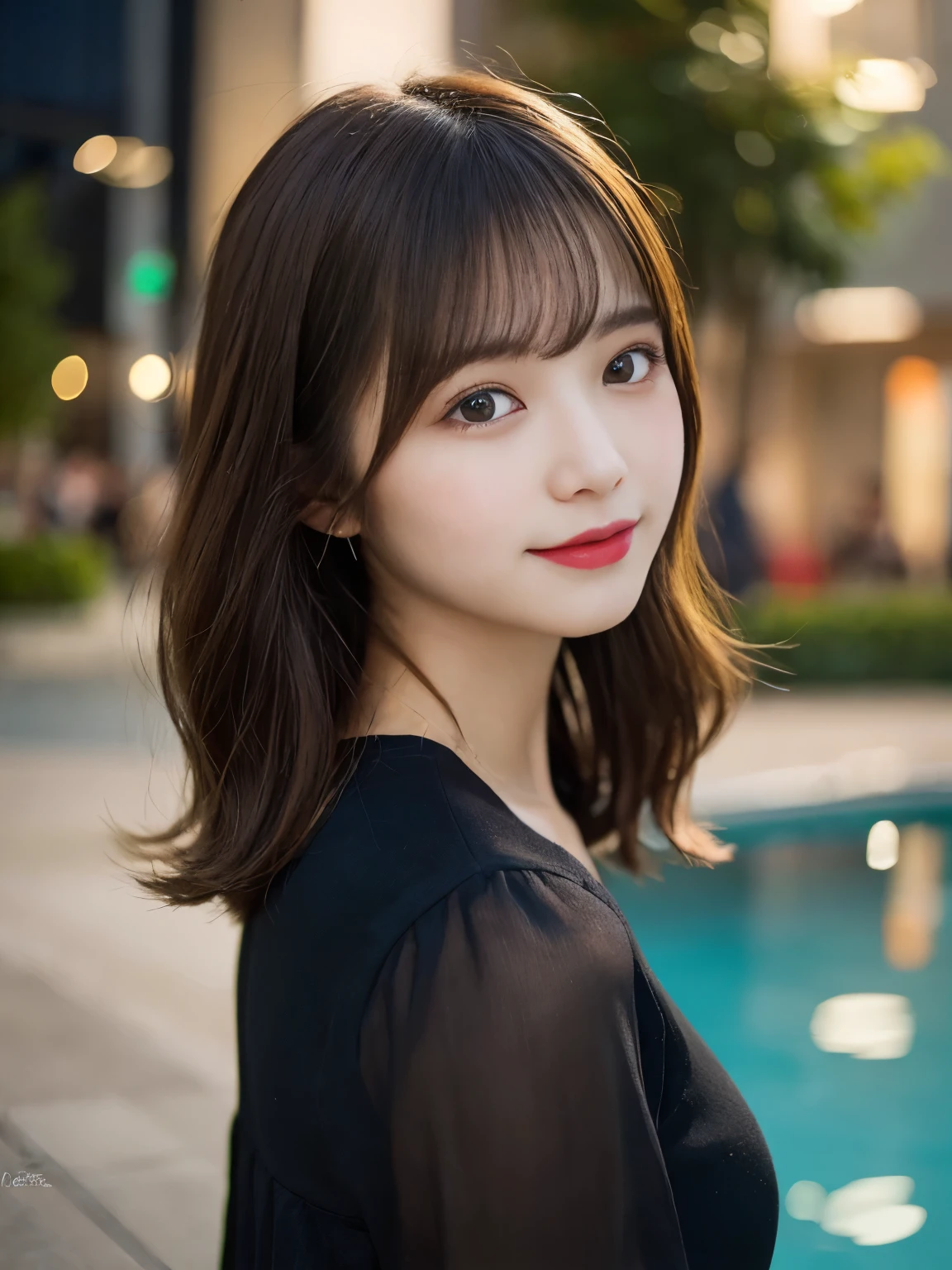 muste piece, best quality, illustration, Super detailed, fine details, High resolution, 8K Dende Wallpaper, perfect dynamic composition, beautiful detailed eyes, she is wearing a black dress,medium hair,natural color lip, shy smile,Harajuku style、20 year old girl、There is only one person, bust up photo、Correct posture、stretch your back、Never show your hands、Stand up straight、cute type、looking at camera、C Cup、golden hair、Don't touch it、Blurry night pool background