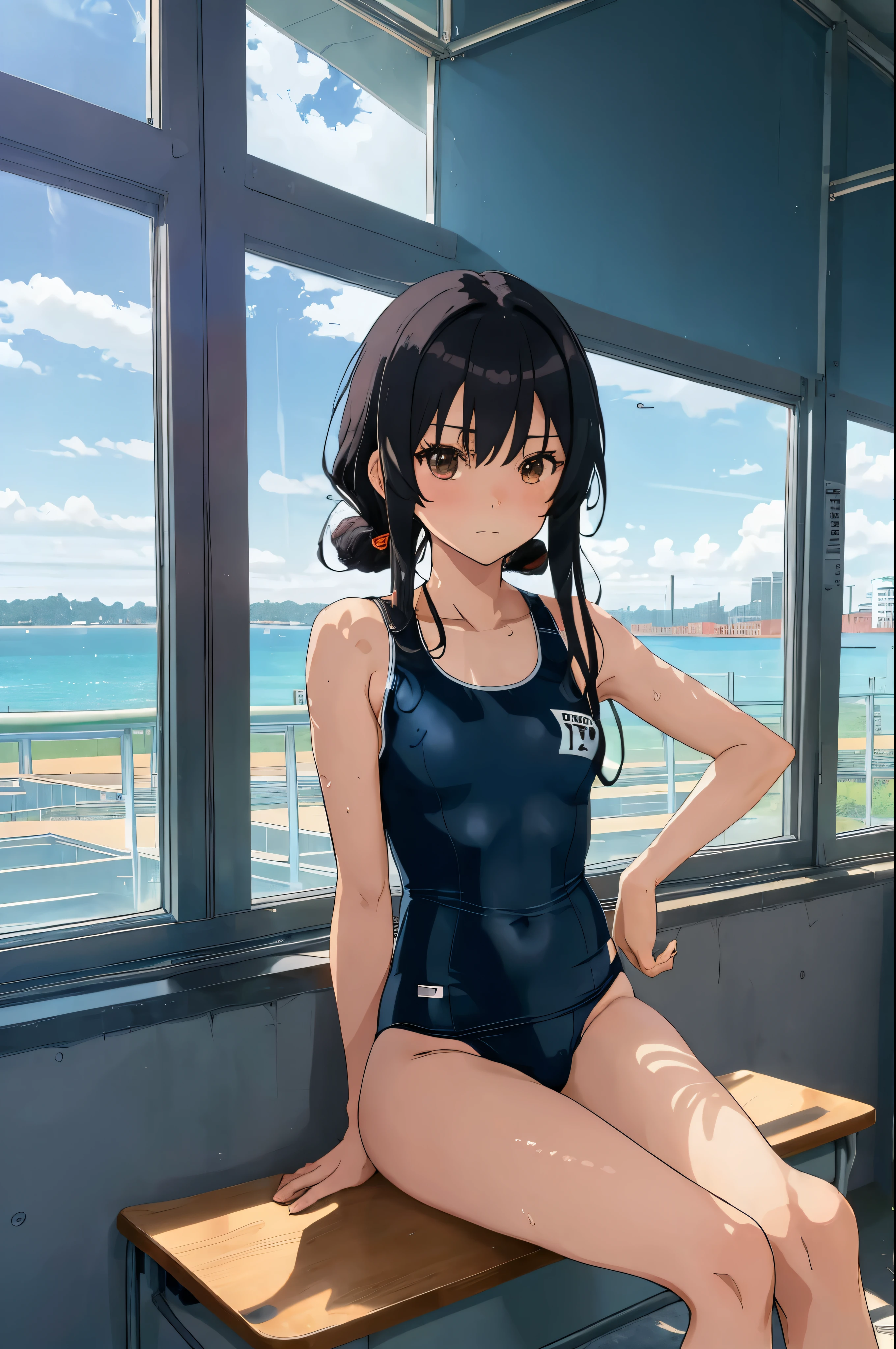 ((sports one piece swimsuit)), girl,actress,long eyelashes,spread your legs,cute,cute,black long shaggy, (下着姿のhigh school girl)1.3,(masterpiece)1.3,anime visual,high school girl,(sit on school desk)1.5,M-shape spread your legs