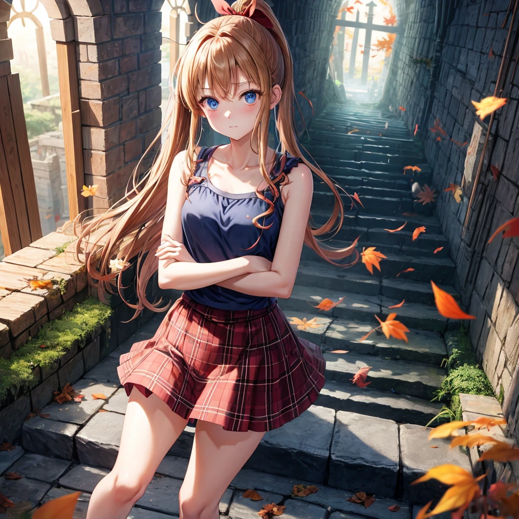 reddish-brown blonde、blue hair、blue eyes、ponytail、one good looking girl、solo、anime、Plaid miniskirt、camisole、black t-shirt、Tilting your face、Doing the ribbon、Ribbon at waist、sunset sky、broken stone steps、Remains、tunnel、Fallen leaves、Light and shadow、monster castle、corridor、One leg is raised、pinwheel、castle floating in the air、column、Jewelry box、flag、sparks fall、forest、Hand mirror、bondage