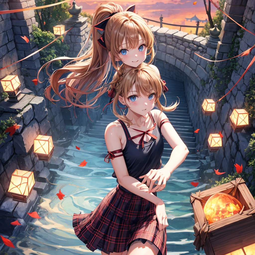 reddish-brown blonde、blue hair、blue eyes、ponytail、one good looking girl、solo、anime、Plaid miniskirt、camisole、black t-shirt、Tilting your face、Doing the ribbon、Ribbon at waist、sunset sky、broken stone steps、Remains、tunnel、Fallen leaves、Light and shadow、monster castle、corridor、One leg is raised、pinwheel、castle floating in the air、column、Jewelry box、flag、sparks fall、forest、Hand mirror、bondage