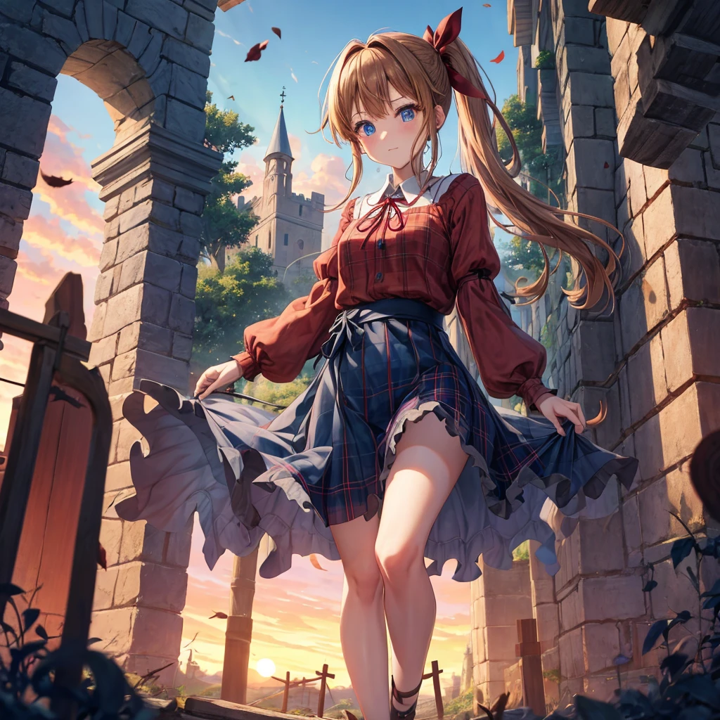 reddish-brown blonde、blue hair、blue eyes、ponytail、one good looking girl、solo、anime、Plaid miniskirt、camisole、black t-shirt、Tilting your face、Doing the ribbon、Ribbon at waist、sunset sky、broken stone steps、Remains、tunnel、Fallen leaves、Light and shadow、monster castle、corridor、One leg is raised、pinwheel、castle floating in the air、column、Jewelry box、flag、sparks fall、forest、Hand mirror、bondage