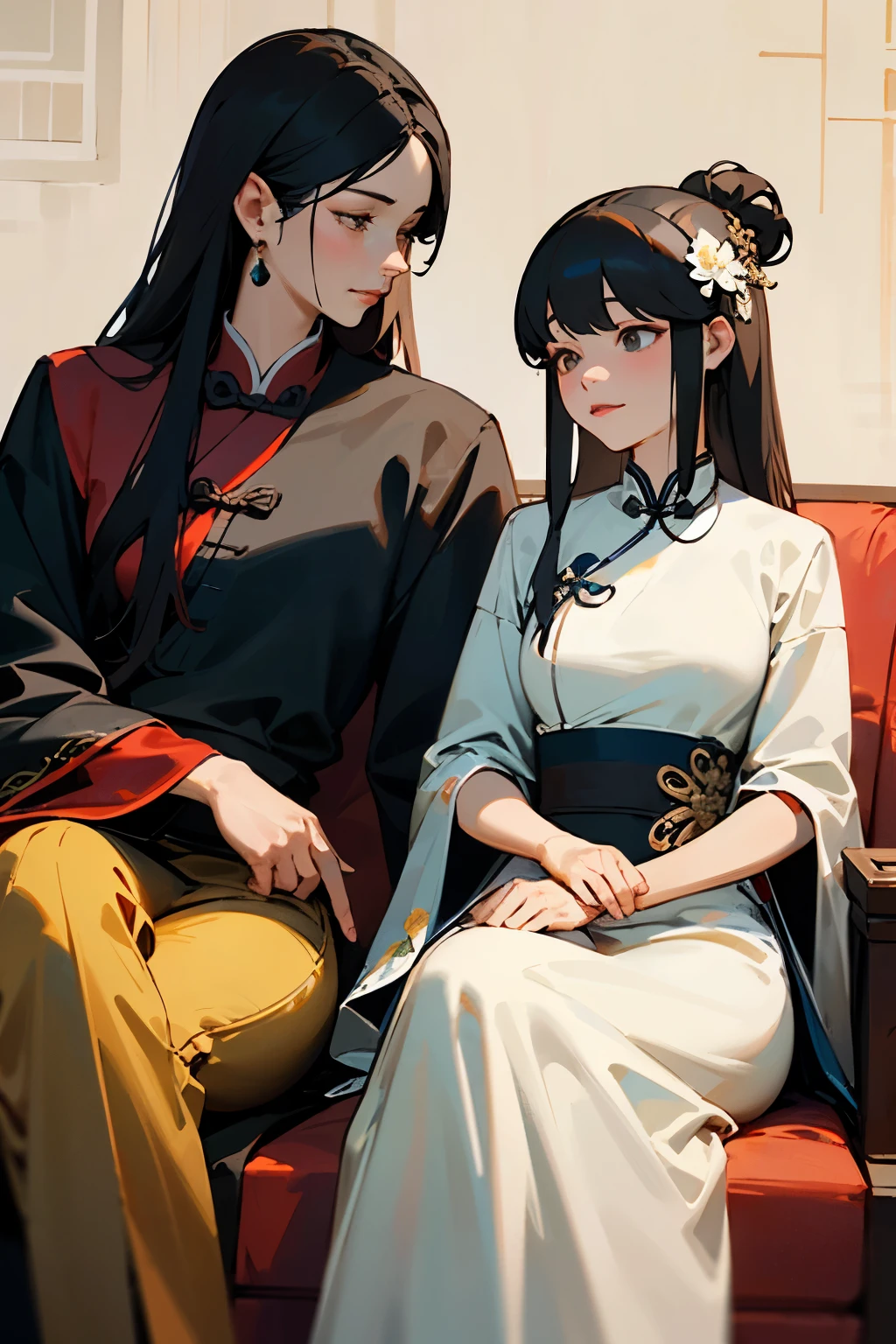 A princess from ancient China, sitting side by side with a woman wearing Chinese official attire, elegant and luxurious((best quality)), ((masterpiece)), (detailed), perfect face