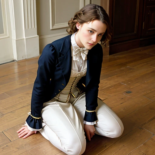 Keria Knightley in Victorian attire kneeling on floor