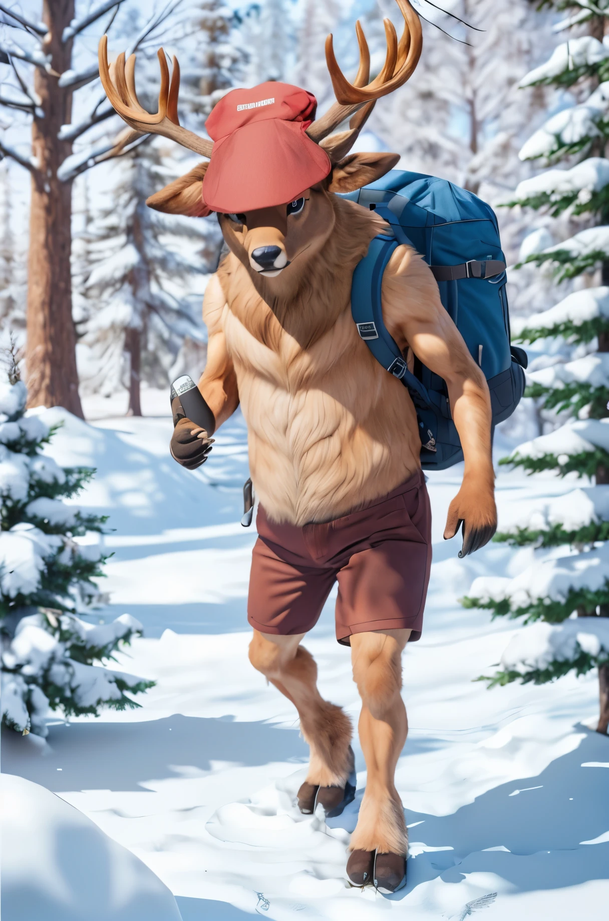Real life adaption of this character, realistic a deer with realistic brown fur on the whole body,wearing same hat,wearing same short pants,wearing a backpack on the back, realistic deer horn, realistic background,realistic light, realistic shadow, realism, hyper realistic,(photorealistic 1:2)