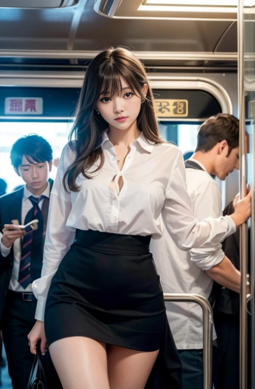 (In 8K、RAW photo、highest quality、realistic、Photoreal、professional lighting、masterpiece、very delicate and beautiful、very detailed、finely、Super detailed、High resolution、full shot)、software、Detailed scenario of a crowded train、1 girl、Beautiful woman(female 1)、Hands restrained behind your back、bondage、slave、tie、She wears a white shirt and a black tight miniskirt。.、beautiful face:1.5、slimming proportions、、(female 1)maleを除くすべての乗客:1.5、maleはスーツ姿、(female 1)～touch the body of、elder(female 1)hug from behind、male(female 1)touching the chest of、male(female 1)flip up the skirt of、female 1は泣いている、shed tears、Ah, clearly depicting who that person is in every detail.