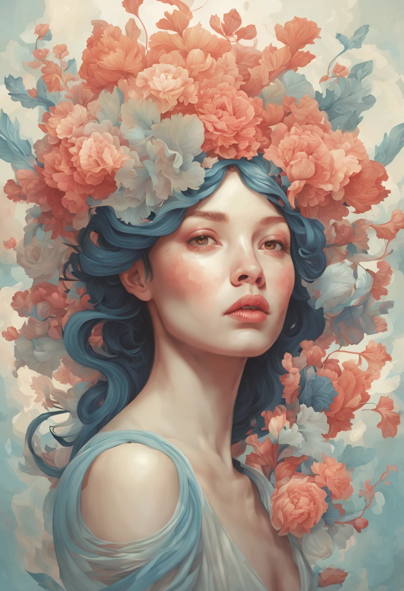 woman with flowers on her head, james jean and wlop, artgerm and james jean, karol bak uhd, a beautiful artwork illustration, detailed art in color, james jean soft light 4 k, james jean soft light 4k, beeple and jeremiah ketner, inspired by James Jean, exquisite digital illustration