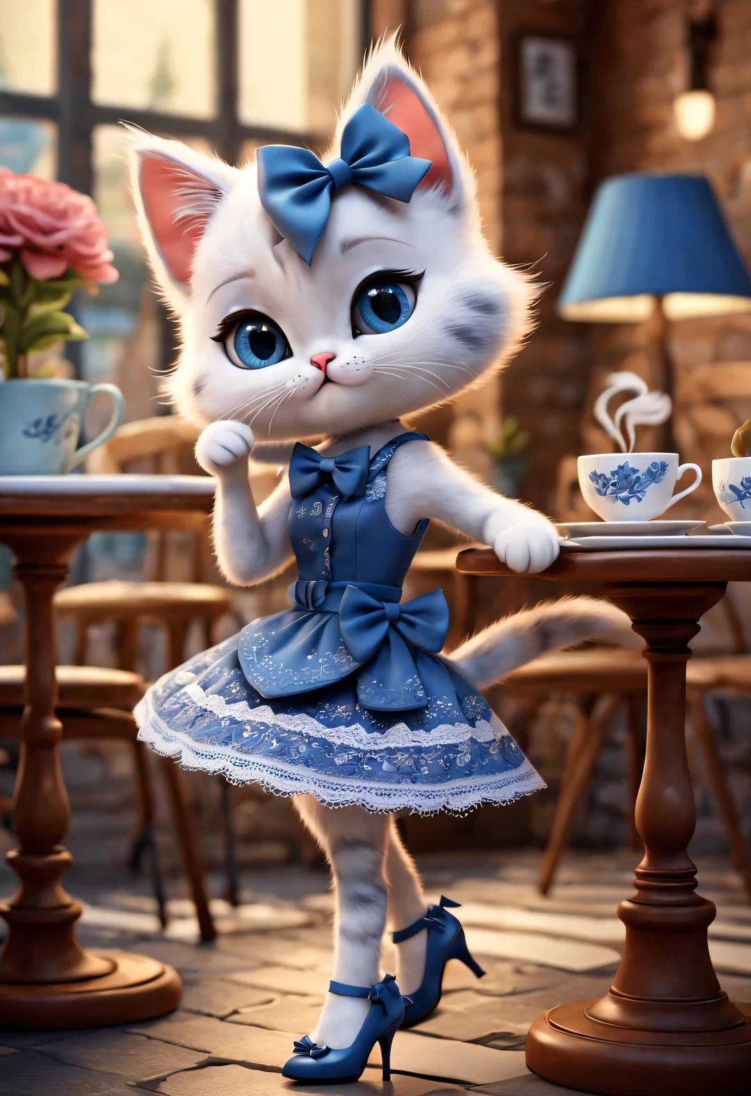 With folk art style,
(A cute kitten is drinking coffee in a cafe),kitten wearing bow,Wearing a blue lace skirt and high heels,detailed details,beautiful details,urban cafe,flowers,Magazine,
,
3d rendering, cartoon,illustration,Pixar,cartoon,ultra high definition, high quality,32k,