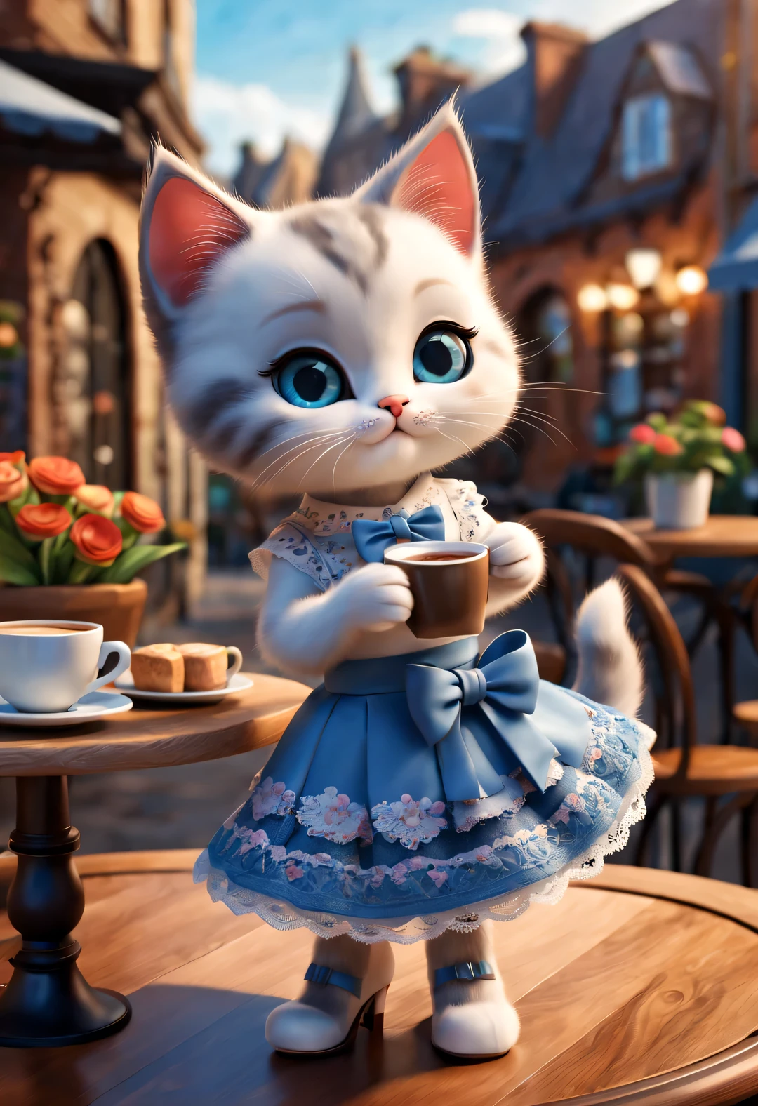With folk art style,
 （A cute kitten is drinking coffee in a cafe），kitten wearing bow，Wearing a blue lace skirt and high heels，detailed details，beautiful details，urban cafe，flowers，Magazine，
，
3d rendering， cartoon，illustration，Pixar，cartoon，ultra high definition， high quality，32k，