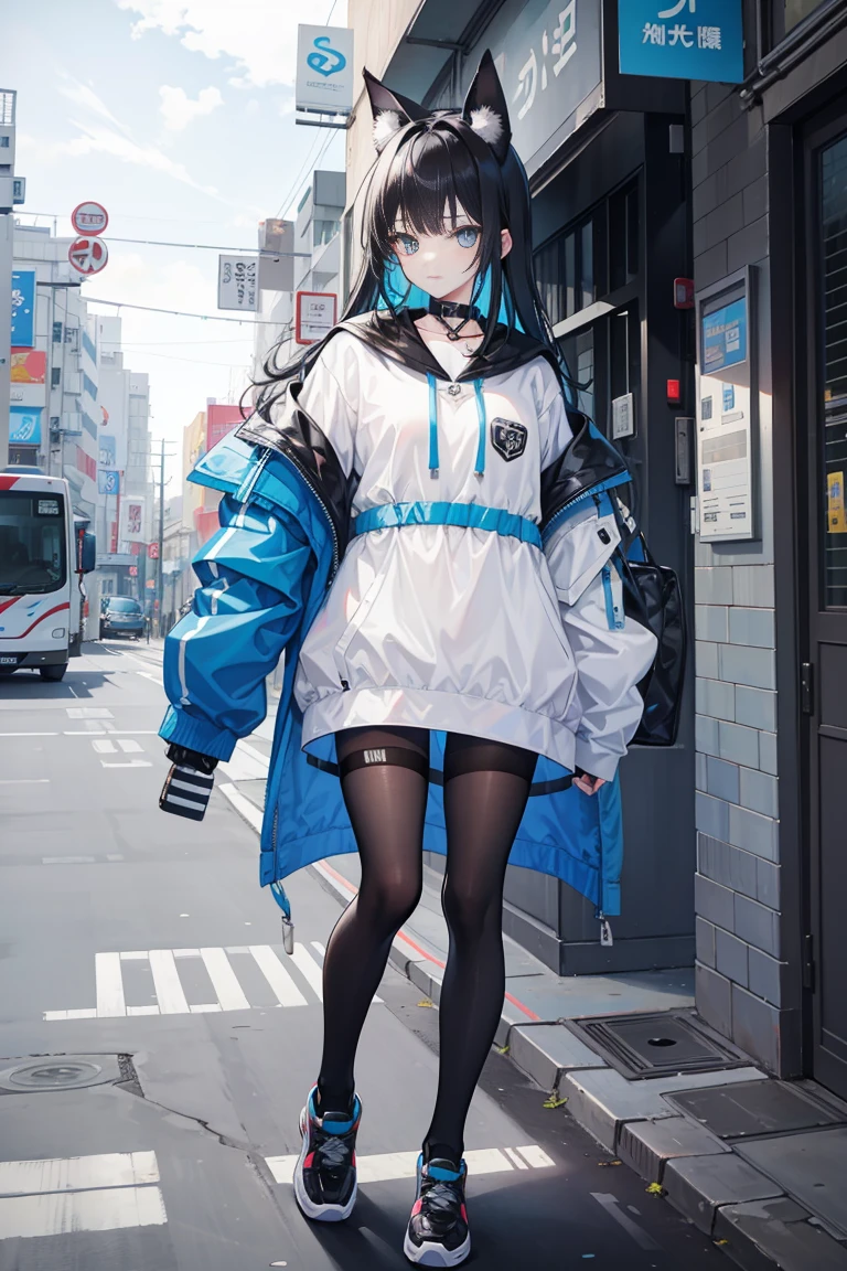 headphones、movie lighting、Good gal on both sides、looking here、Urban background、ネオgal、Three white eyes、black eye、Blue mesh on black hair、Jersey style clothes、Genki Woman、Full body Esbian、gal、wink、ネオgal、Neon color、vivid color、building street、Near future、Wind、韓国Windの服、K-POP idol
