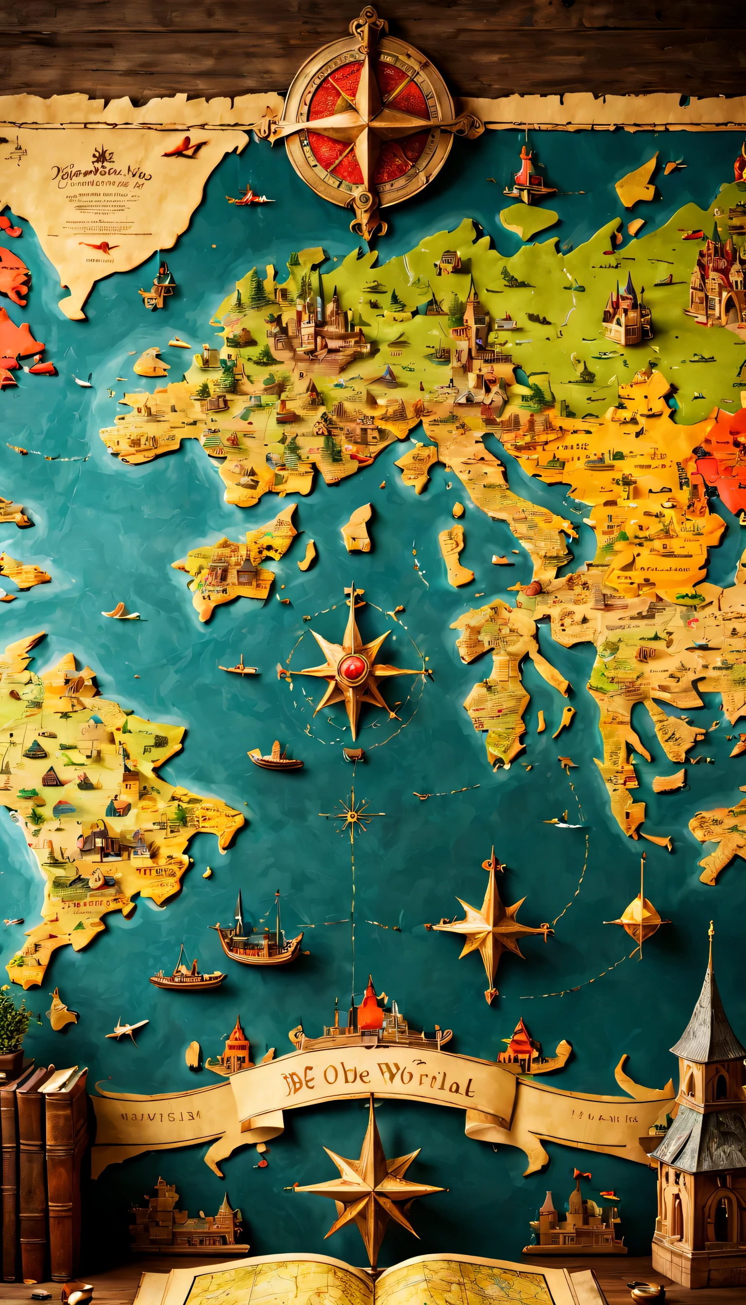 open map on desk,((medieval world map:Old papers:vintage:antique:be familiar with)),map,Buildings and creatures pop out in 3D from a flat map:be familiar with:colorful,fun,lively,masterpiece,reveal the world,Fusion of map and diorama,be familiar with,Be polite,dreams and adventure,fantasy,wonderful,beautiful light and shadow,reality,dim,nice,Bright colors