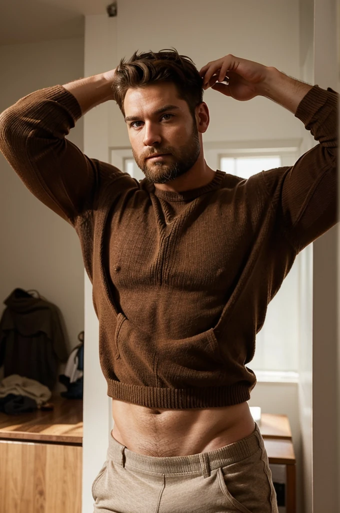 Create a muscular man in a sweater with short brown hair and a beard, His physique is very robust