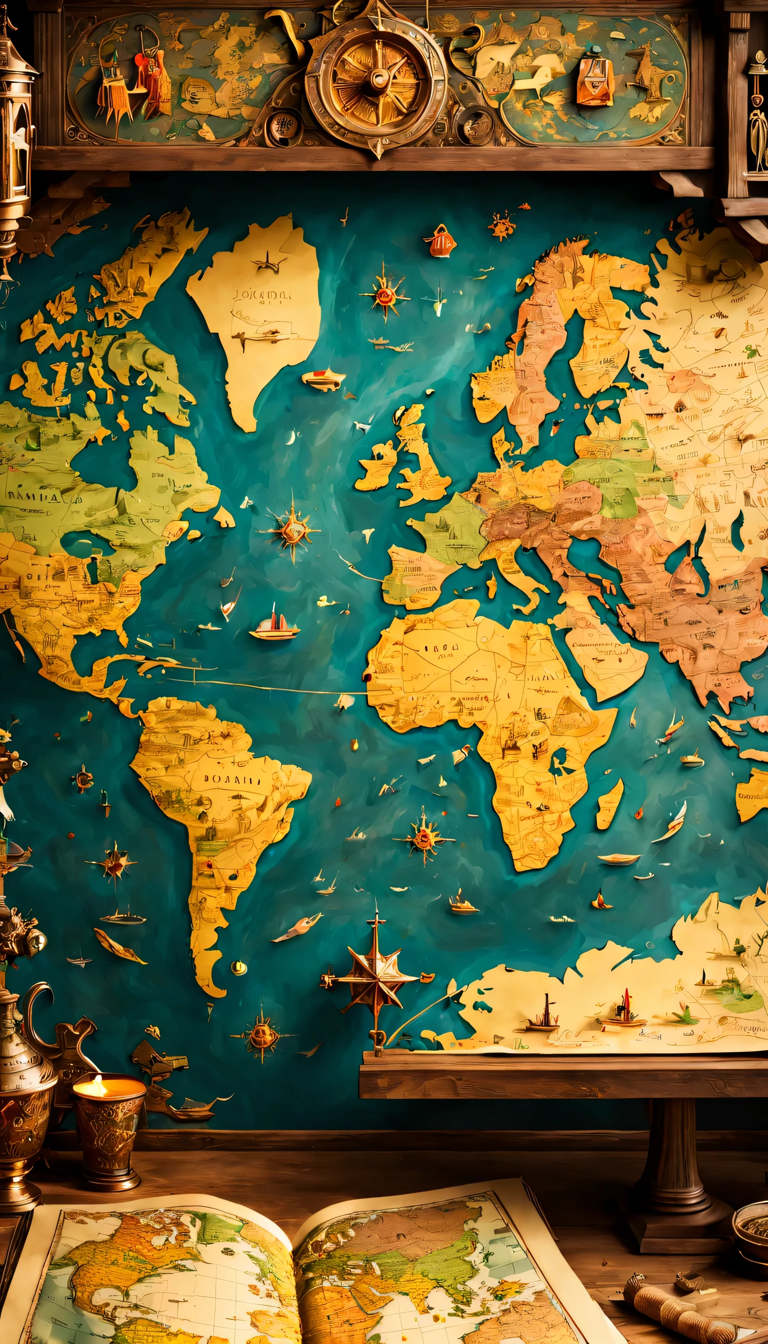 open map on desk,((medieval world map:Old papers:vintage:antique:be familiar with)),map,Buildings and creatures pop out in 3D from a flat map:be familiar with:colorful,fun,lively,masterpiece,reveal the world,Fusion of map and diorama,be familiar with,Be polite,dreams and adventure,fantasy,wonderful,beautiful light and shadow,reality,dim,nice,Bright colors