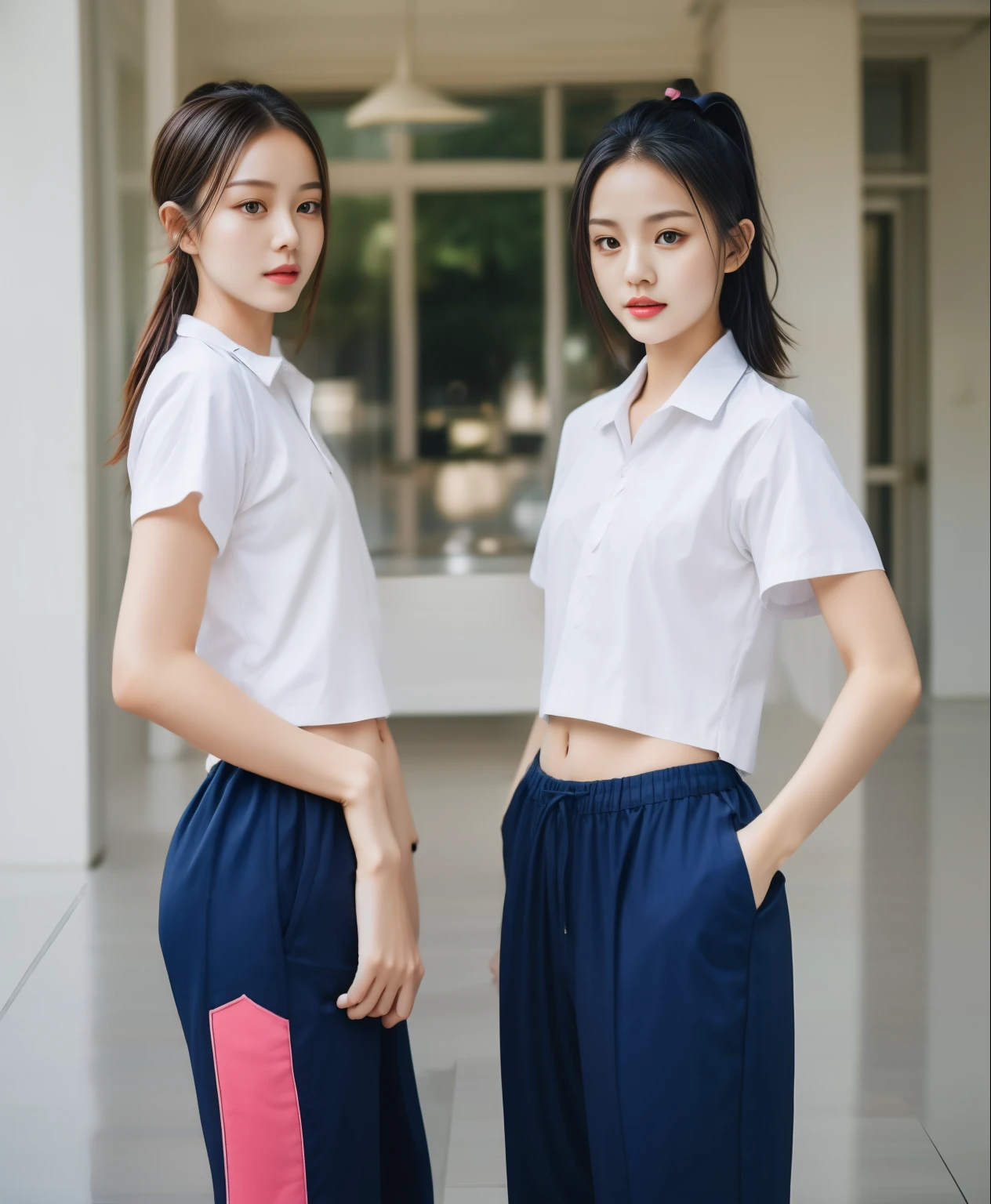 two girls in the kitchen, Navy blue short-sleeved shirt,Navy Long Trackpant,Sweatpants, Sweatpantsขายาว,25 year old girl, lesbian, sexy, exercise clothes, wet body, exercise clothes, exercise clothes