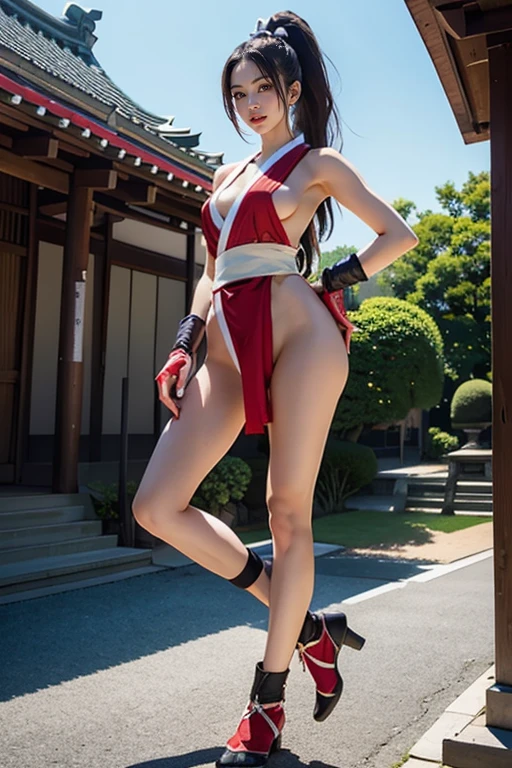 (mai shiranui:1.4), (tabi:1.4), (Full body:1.4), (Toe;1.3), (Realism), (master piece:1.2), (Best Quality), (ultra-detailliert), (8K, 4K, Convoluted), (Flat Lighting:1.2), (skinny), Prestige, Brown eyes, Long hair, brown eyes, long hair, brown hair, white ribbon, sleeveless, ponytail, sash, pelvic curtain, arm guards, gloves, tabi, fascinated expression, Sexy eyes, slim, medium breasts, Smile, Cute, view the viewer, Long hair, Close to Japan temple, (breasts focus:1.2), (Realistic:1.2), light Particle, Lighting, (Highly detailed:1.2), (Detailed face:1.2), (gradients), SFV, Colorful, (Detailed eyes:1.2), Detailed temples of Japan, Detailed background, (Dynamic Angle:1.2), Dynamic Pose, Wide Shot, Daylight, Solo.