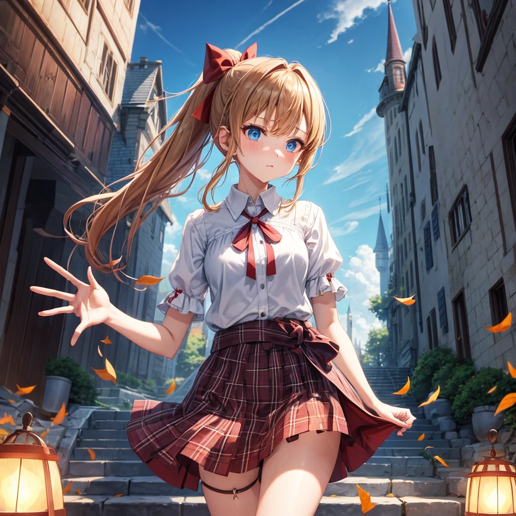 reddish-brown blonde、blue hair、blue eyes、ponytail、one good looking girl、solo、anime、Plaid miniskirt、camisole、black t-shirt、Tilting your face、Doing the ribbon、Ribbon at waist、sunset sky、broken stone steps、Remains、tunnel、Fallen leaves、Light and shadow、monster castle、corridor、One leg is raised、pinwheel、castle floating in the air、column、Jewelry box、flag、sparks fall、forest、Hand mirror、bondage、tall grass grows