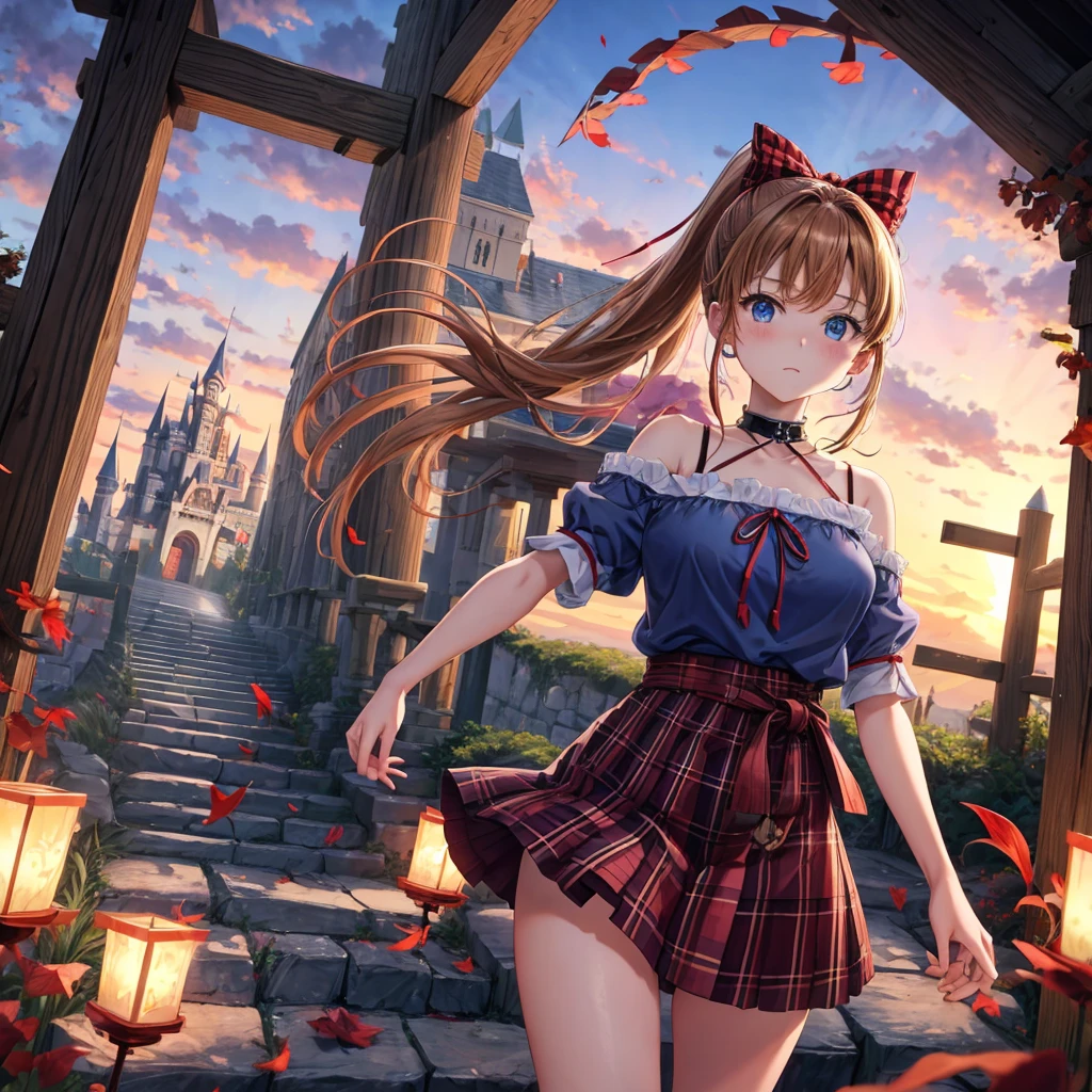 reddish-brown blonde、blue hair、blue eyes、ponytail、one good looking girl、solo、anime、Plaid miniskirt、camisole、black t-shirt、Tilting your face、Doing the ribbon、Ribbon at waist、sunset sky、broken stone steps、Remains、tunnel、Fallen leaves、Light and shadow、monster castle、corridor、One leg is raised、pinwheel、castle floating in the air、column、Jewelry box、flag、sparks fall、forest、Hand mirror、bondage、tall grass grows